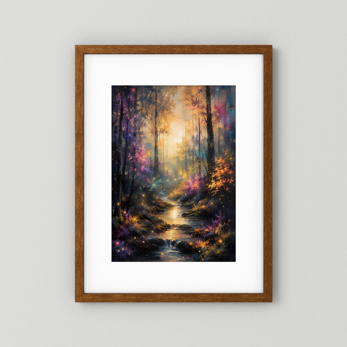 Wandbild mit braunem Holzrahmen und weißem Passepartout: mystischer Waldweg, leuchtender Bach