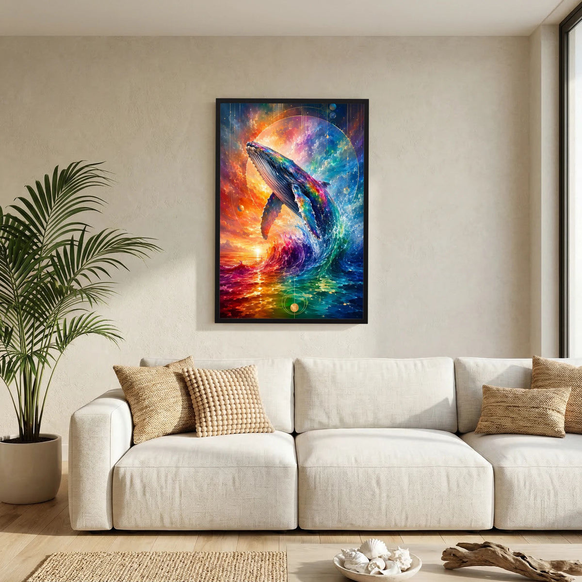 Wandposter mit Wal-Motiv in Regenbogenfarben, im schwarzen Rahmen