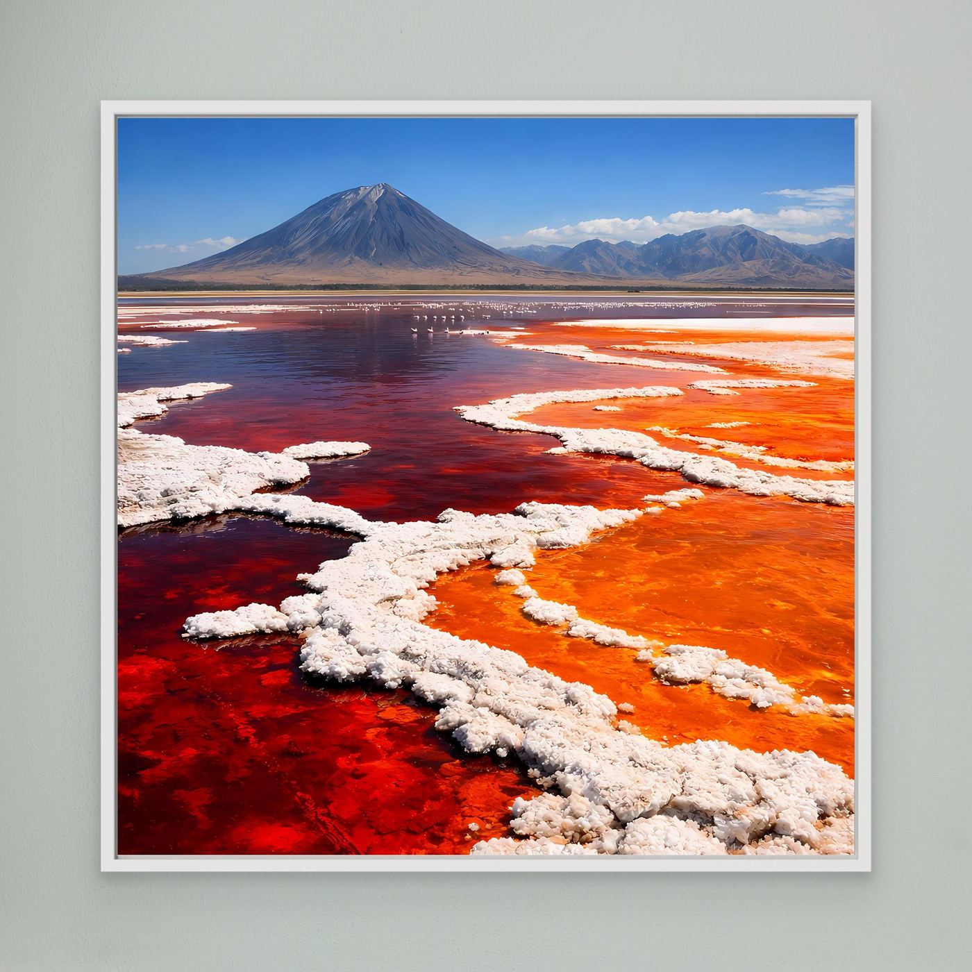 Gerahmtes Leinwandbild mit Vulkan und rotem Salzsee, orangefarbene Wasserflächen, weiße Einfassung