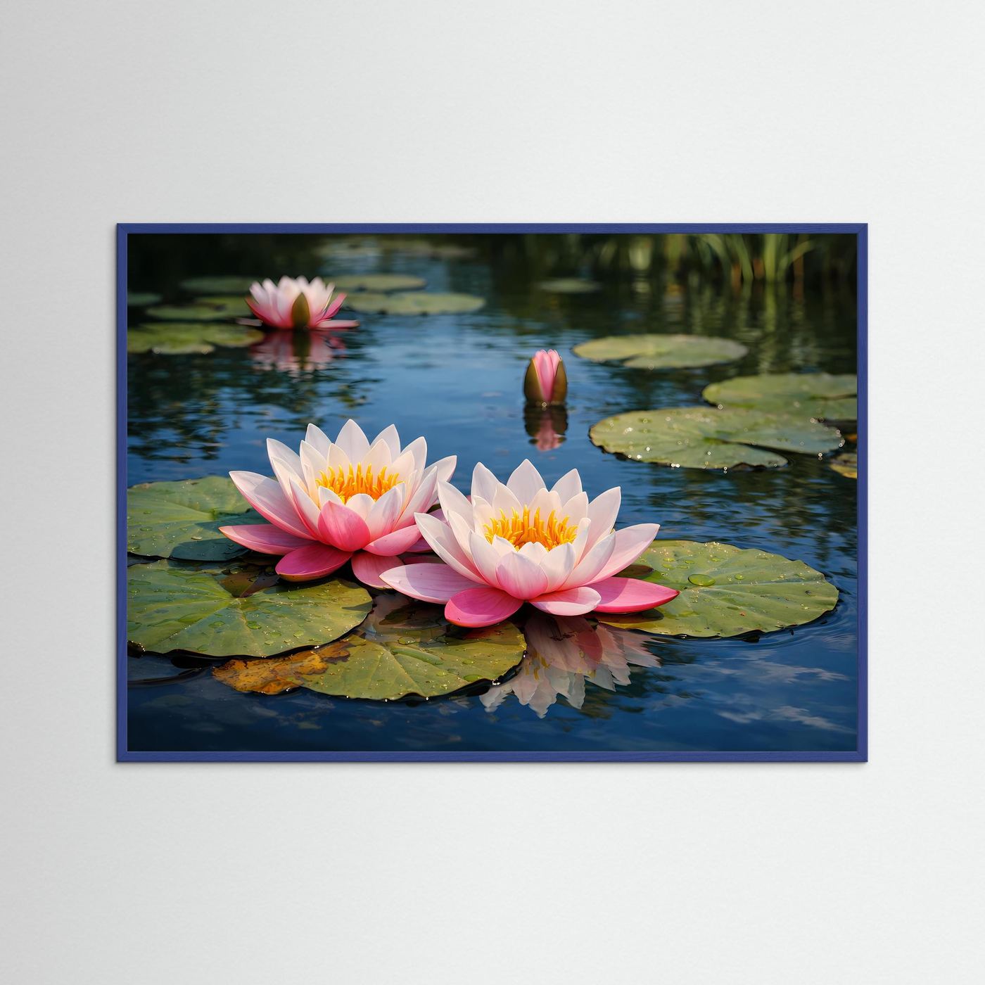 Gerahmtes Poster mit rosa Seerosen auf ruhigem Teich, blauer Holzrahmen