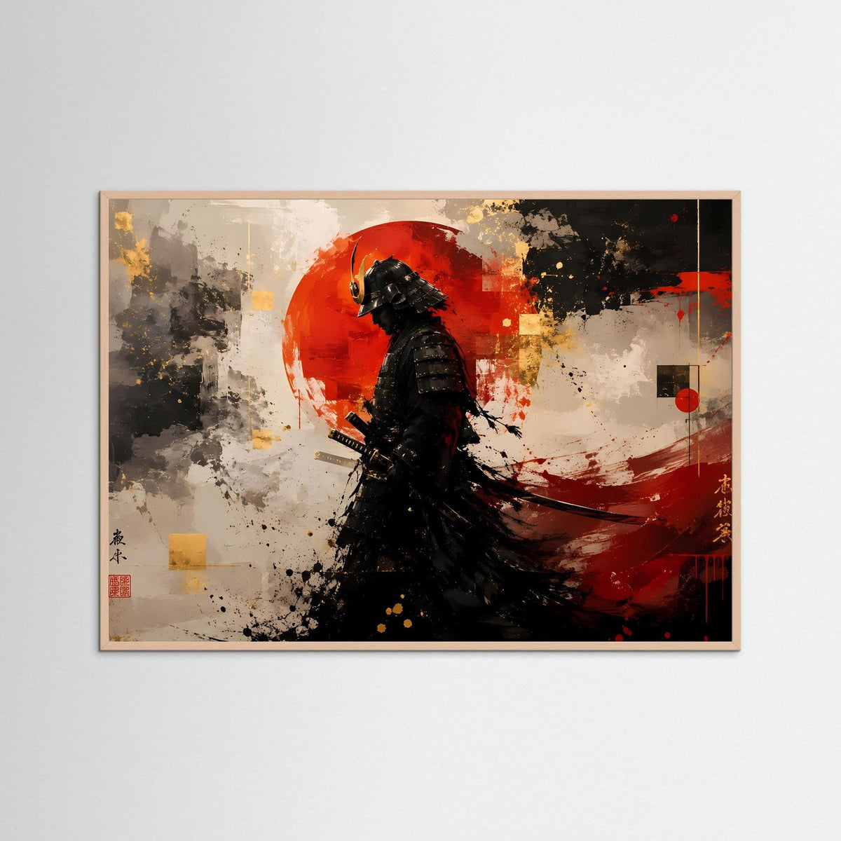 Japan-Art Poster mit hellem Holzrahmen: Samurai-Silhouette vor roter Sonne, abstrakte Spritzer