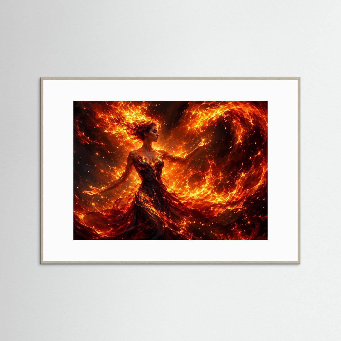 Feuerfrau Poster | Magische Flammenfrau | Element Feuer | Fantasy Wandbild | Moderne Leinwand | Kraftvolle Wall Art