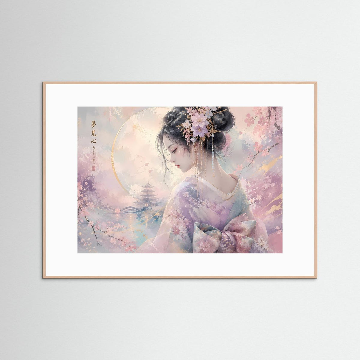 Wandbild mit Sakura-Motiv und heller Umrandung: Frau im Kimono mit Blumenkranz.
