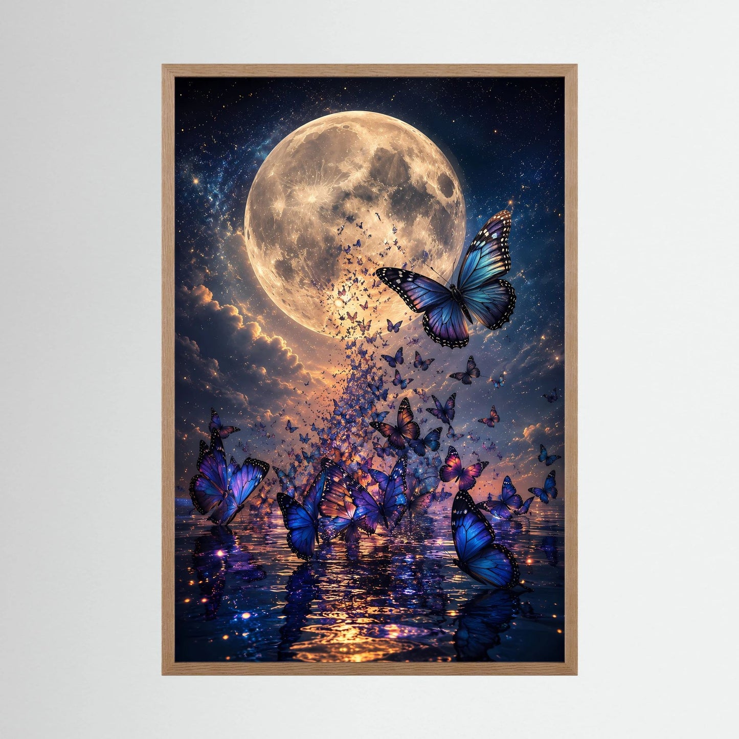 Hochformat-Poster im hellem Holzrahmen: goldener Mond und blaue Schmetterlinge am Wasser