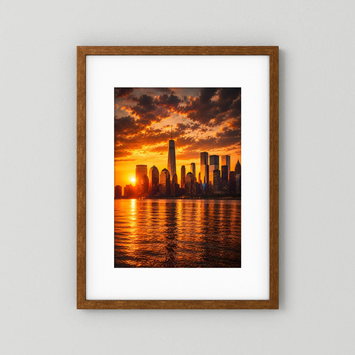 Hochformatiges Poster mit Skyline bei Sonnenuntergang über Wasser, orangefarbenes Licht, brauner Holzrahmen