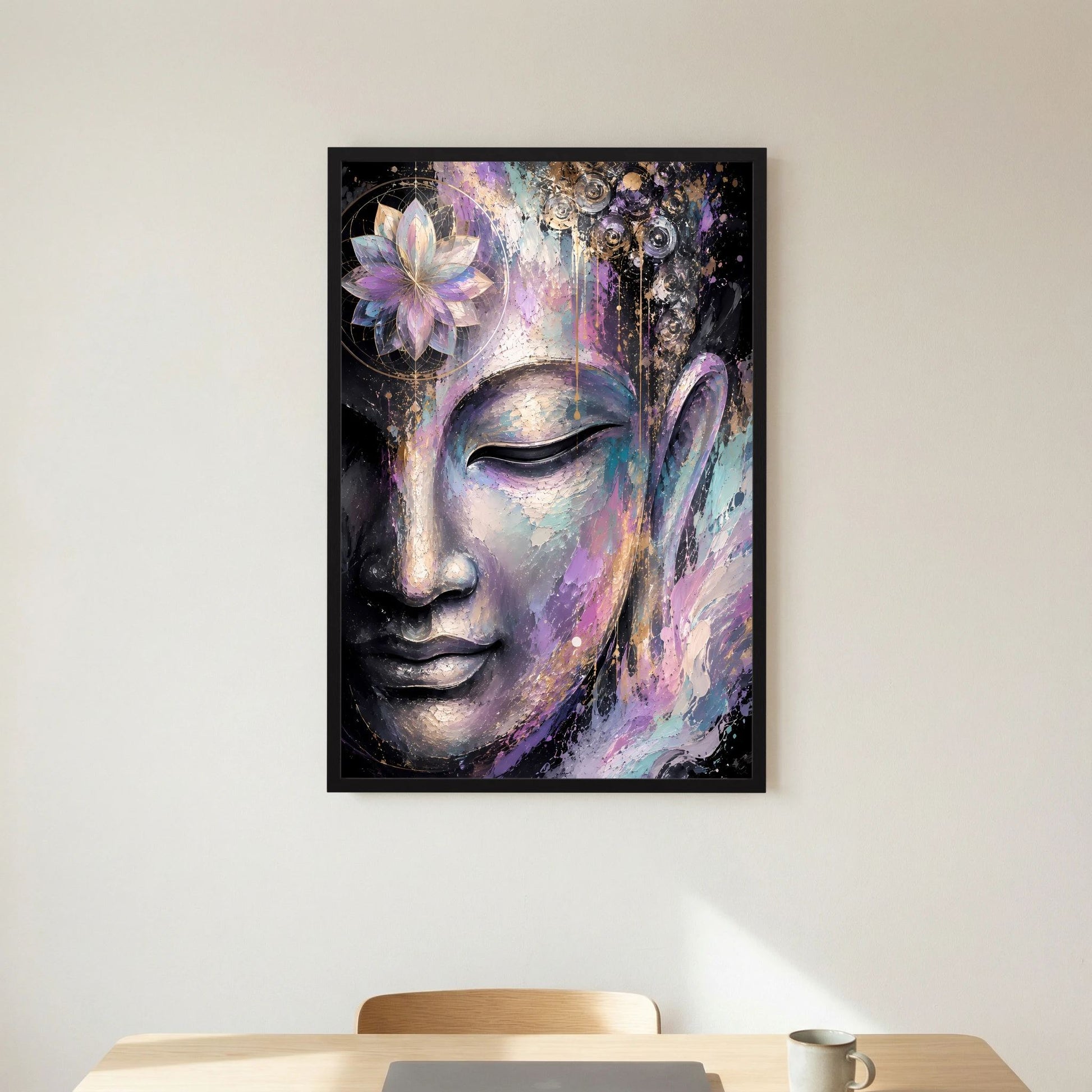 Kunstposter im schwarzen Rahmen, abstraktes Buddha-Gesicht mit geschlossenen Augen und Lotus