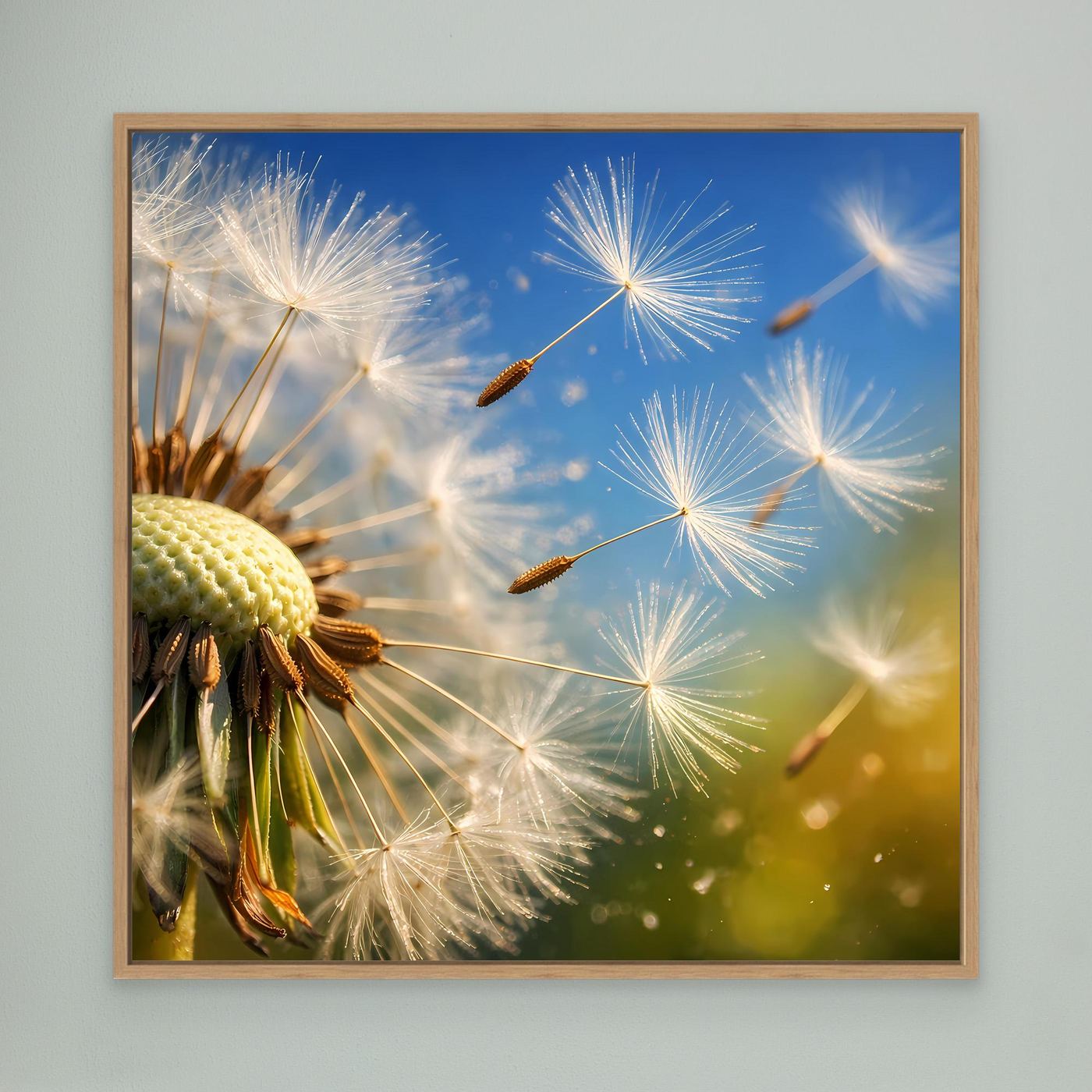 Leinwandbild mit Makro-Pusteblume und fliegenden Löwenzahnsamen im Eichenrahmen