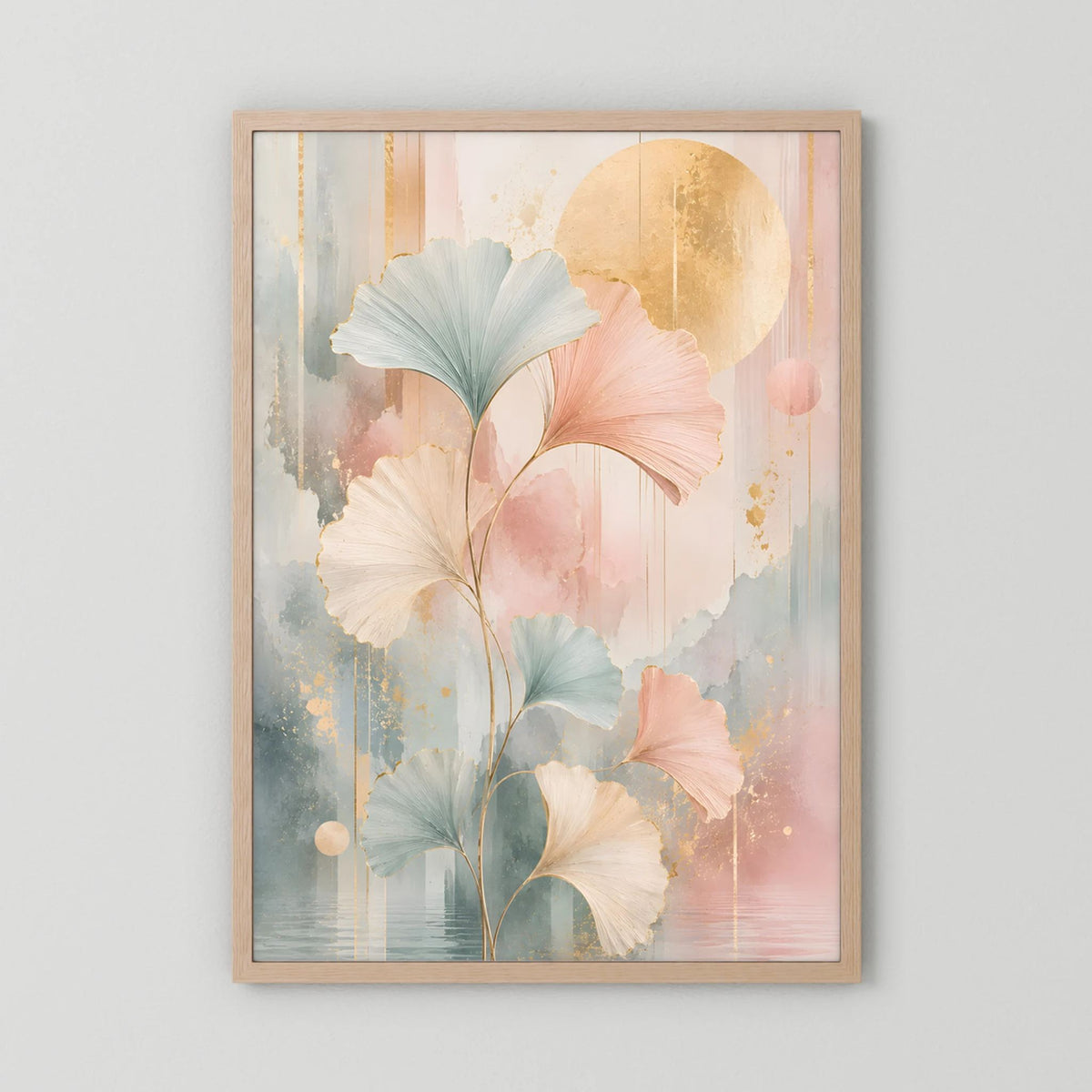Kunstposter im Hochformat mit Blättern in Pastelltönen, Rosa, Salbeigrün und Gold, helles Holzrahmen