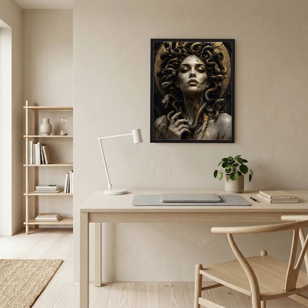 Gerahmtes Medusa-Porträtposter in Schwarz und Gold mit Schlangenhaaren an der Wand