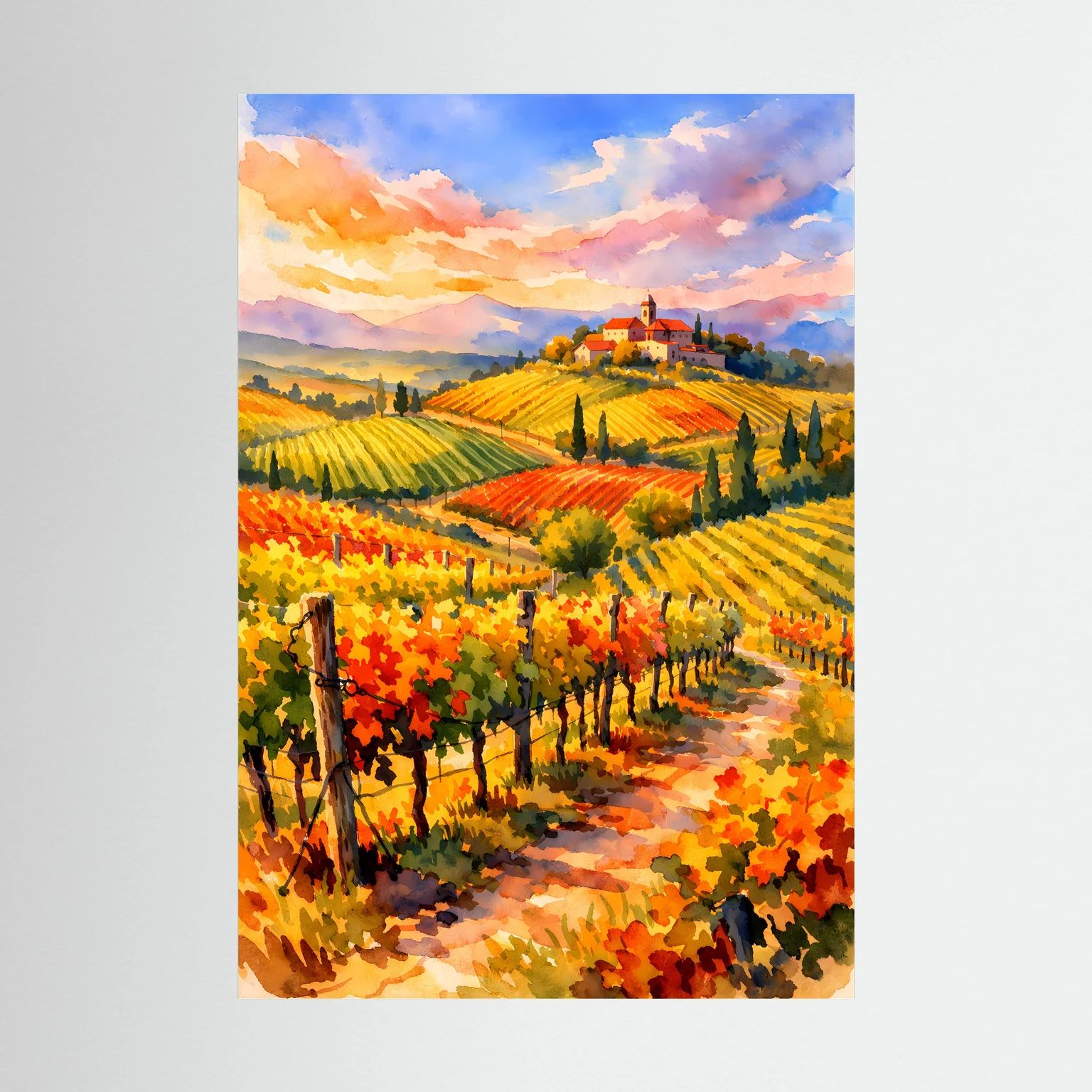 Poster mit Toskana-Landschaft: farbige Weinberge, Zypressen und rotes Landhaus im Hochformat