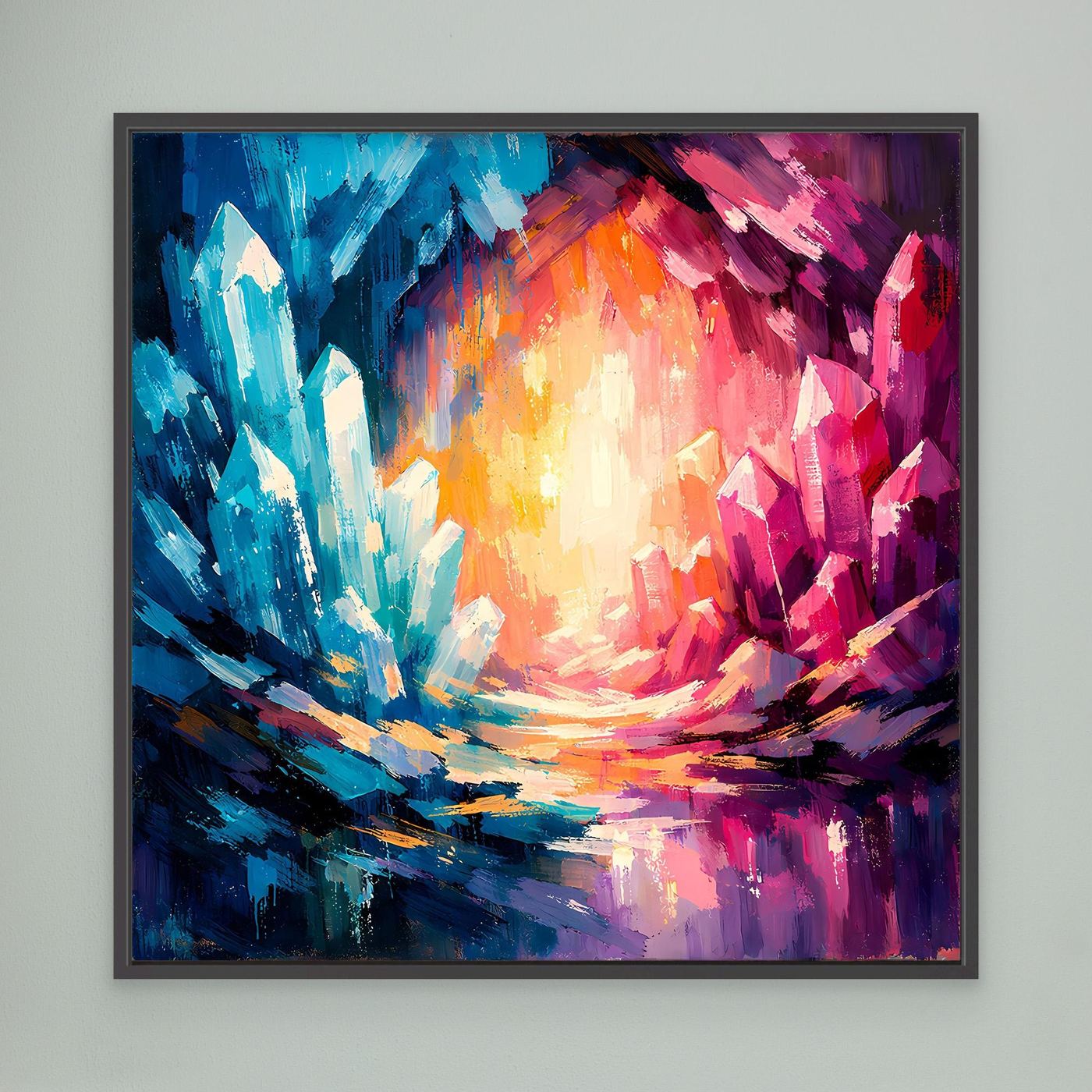Abstract crystal canvas wall art with blue-to-pink burst; black frame