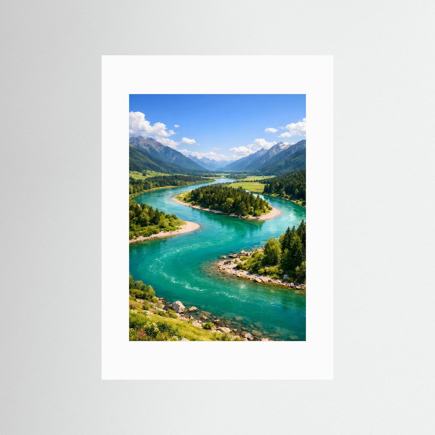 Flusslandschafts-Poster mit weißem Rand: türkisgrüner Alpenfluss, Hochformat