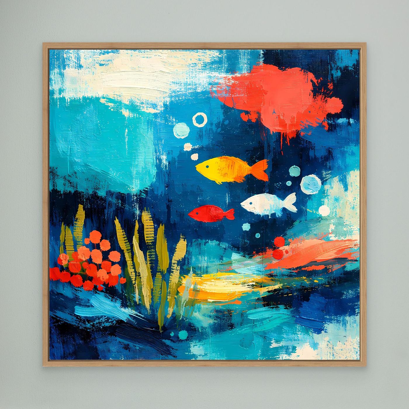 Underwater abstract wall canvas with fish and coral, oak frame, blue and orange highlights
