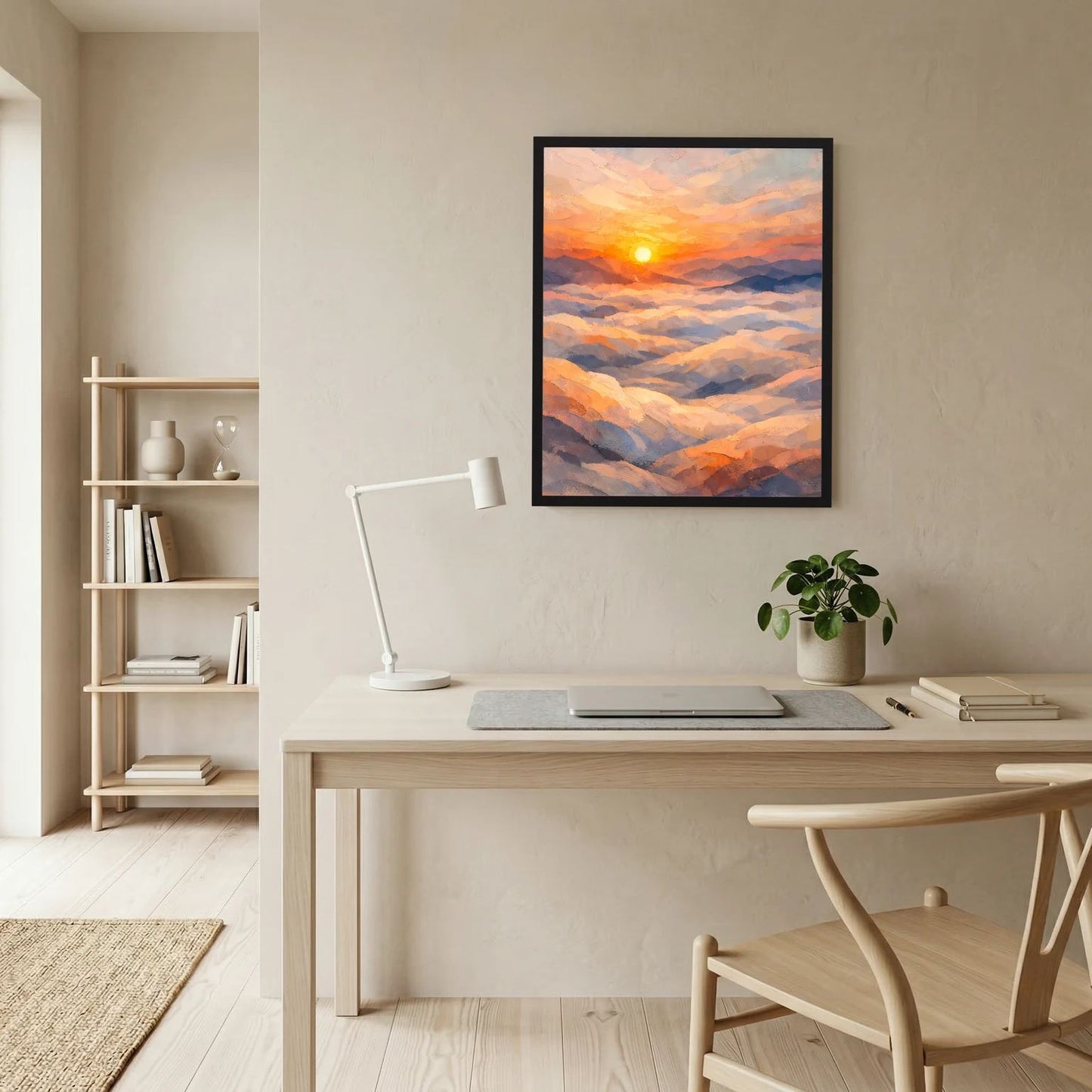 Gerahmtes Hochformat-Poster mit Sonnenuntergang über Wolken, pastellfarben, schwarzer Rahmen