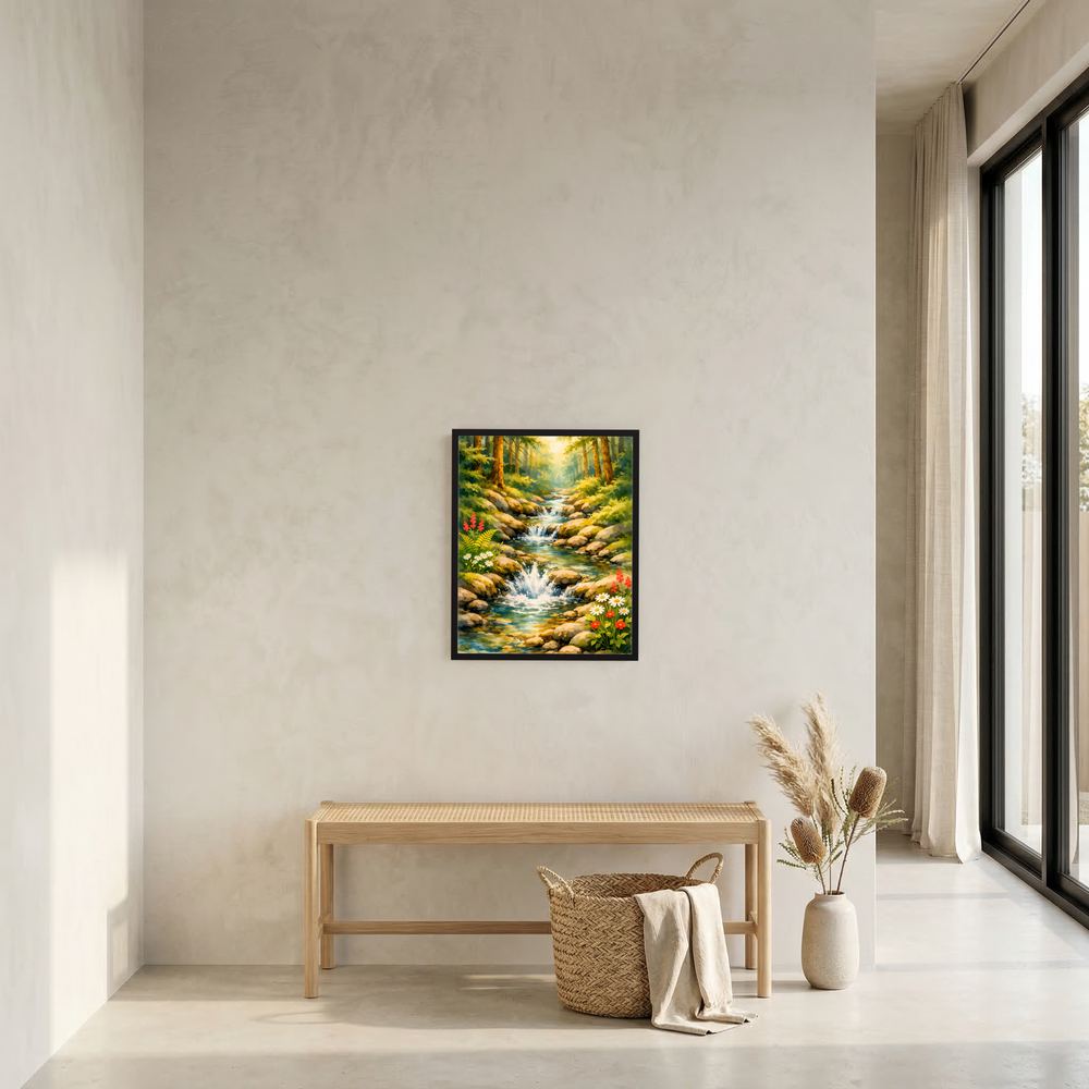 Gerahmtes Wasserfall-Wandposter mit Bach und Wald, Blumen im Vordergrund