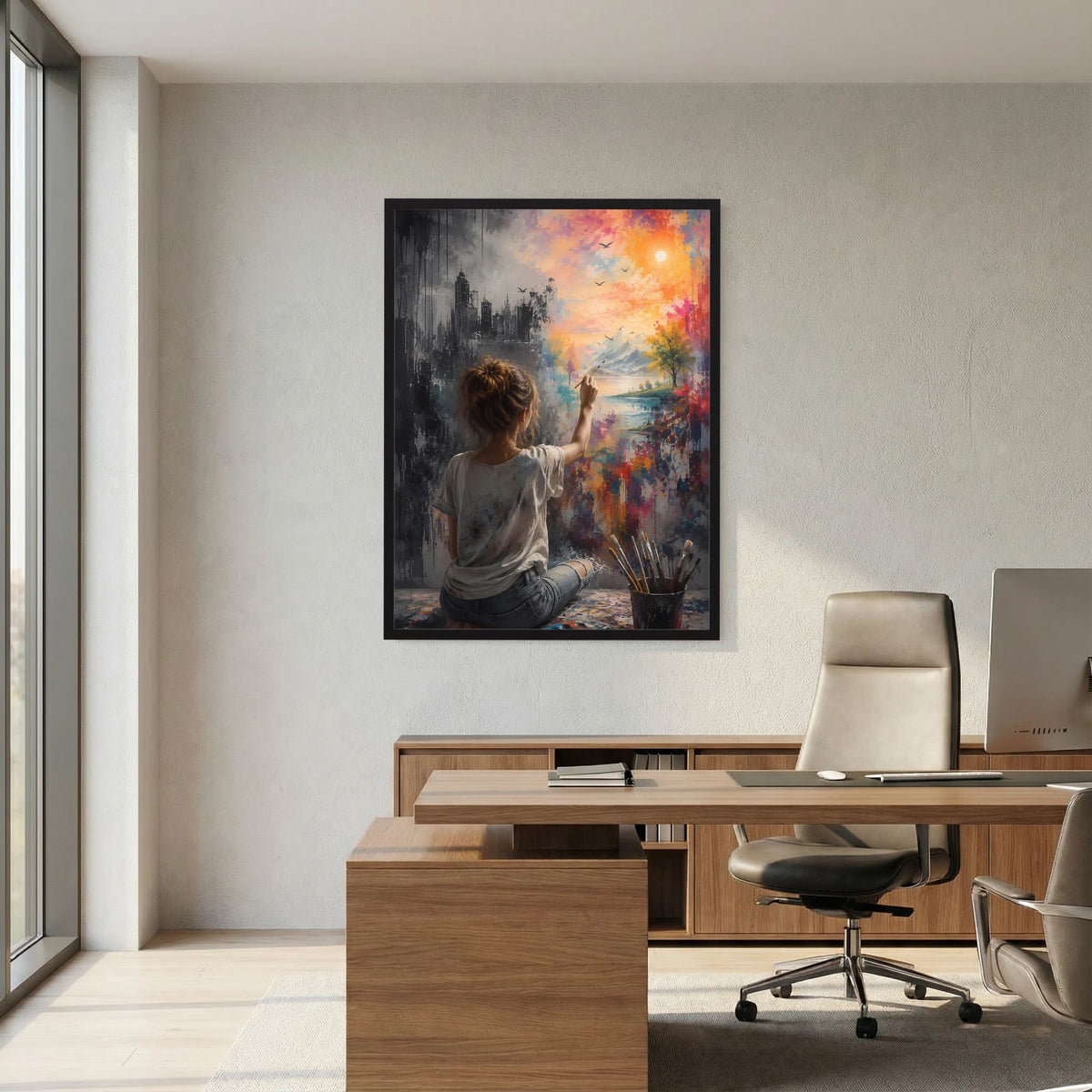 Hochformatposter im schwarzen Rahmen an der Wand, Motiv zeigt Frau beim Malen bunter Motive