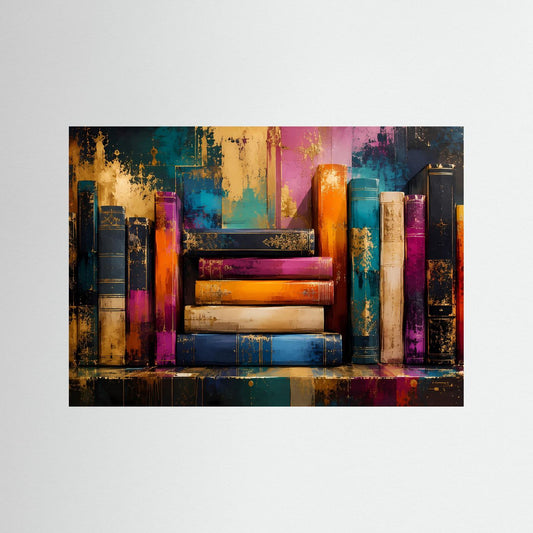 Buntes Bücherregal-Poster mit abstrakten Buchrücken und Sofa-Elementen im Querformat