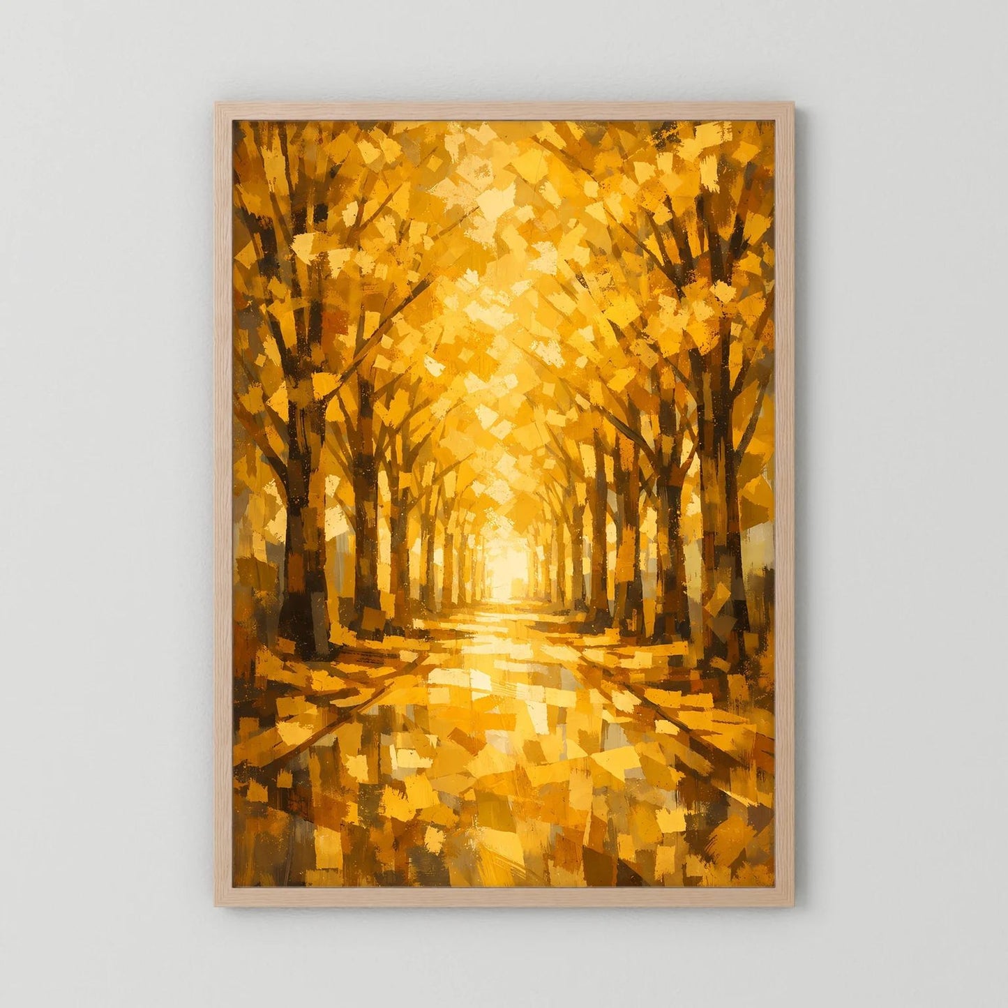 Herbstwald-Wandbild mit Baumallee in Gelb und Gold, Holzrahmen hellbraun, Hochformat