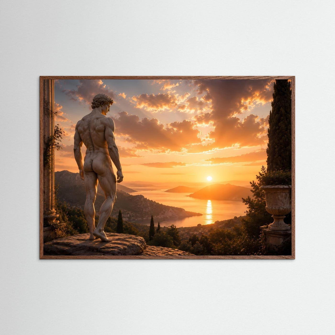 Poster im Querformat mit klassischer Männerstatue, dunkle Eichenrahmung um die Szene
