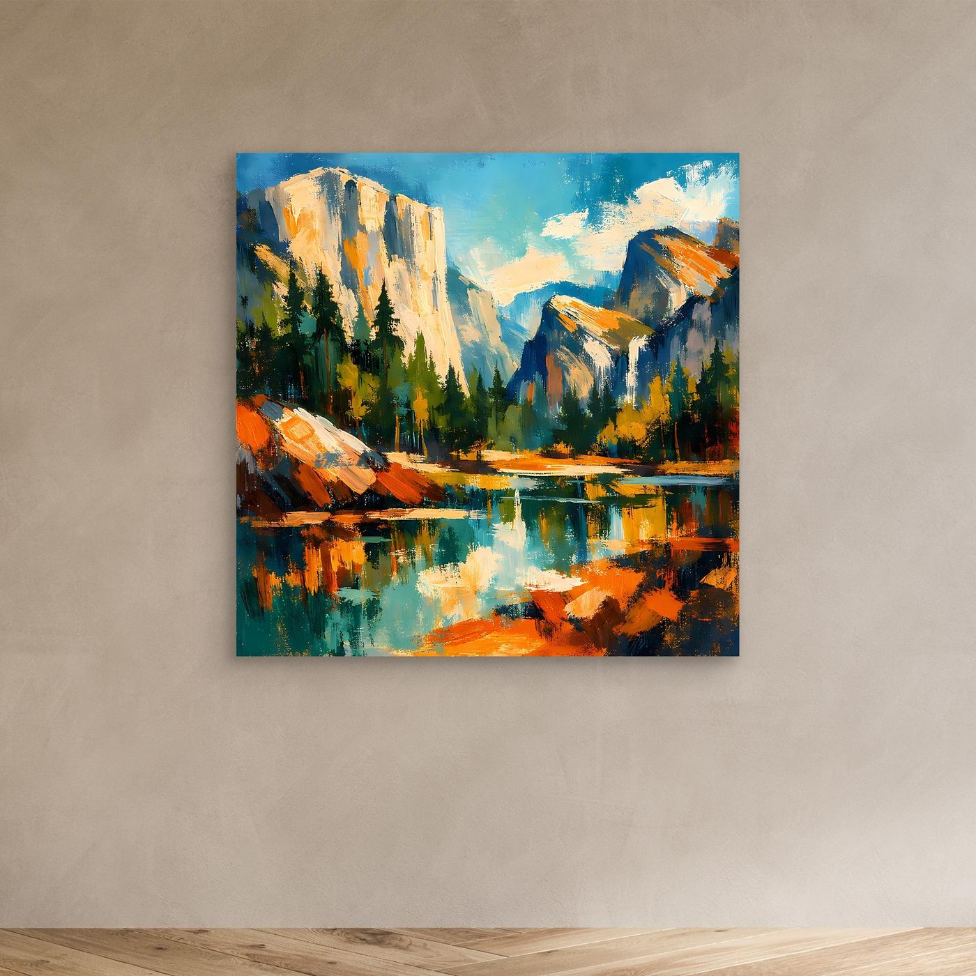 Leinwand-Wandbild mit abstrakter Berglandschaft und See, ohne Rahmen