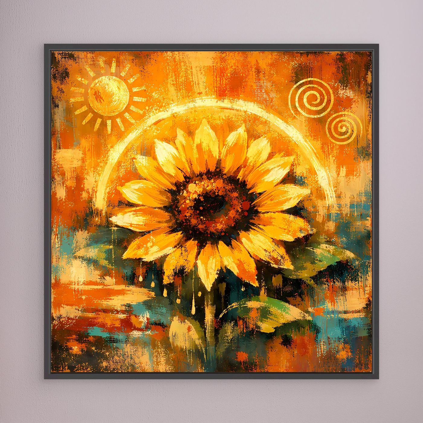 Wandbild mit abstrakter Sonnenblume in Goldtönen, mit schwarzem Rahmen