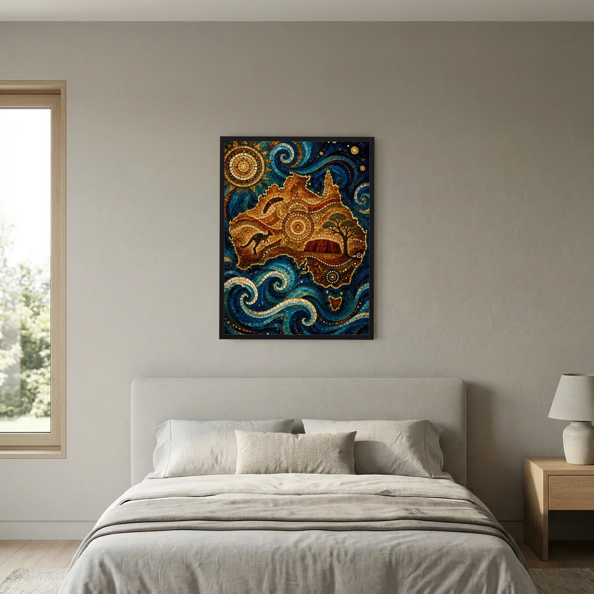 Mosaik-Poster mit Känguru-Motiv, spiralförmige Wellen in Blau und Gold, dunkler Rahmen