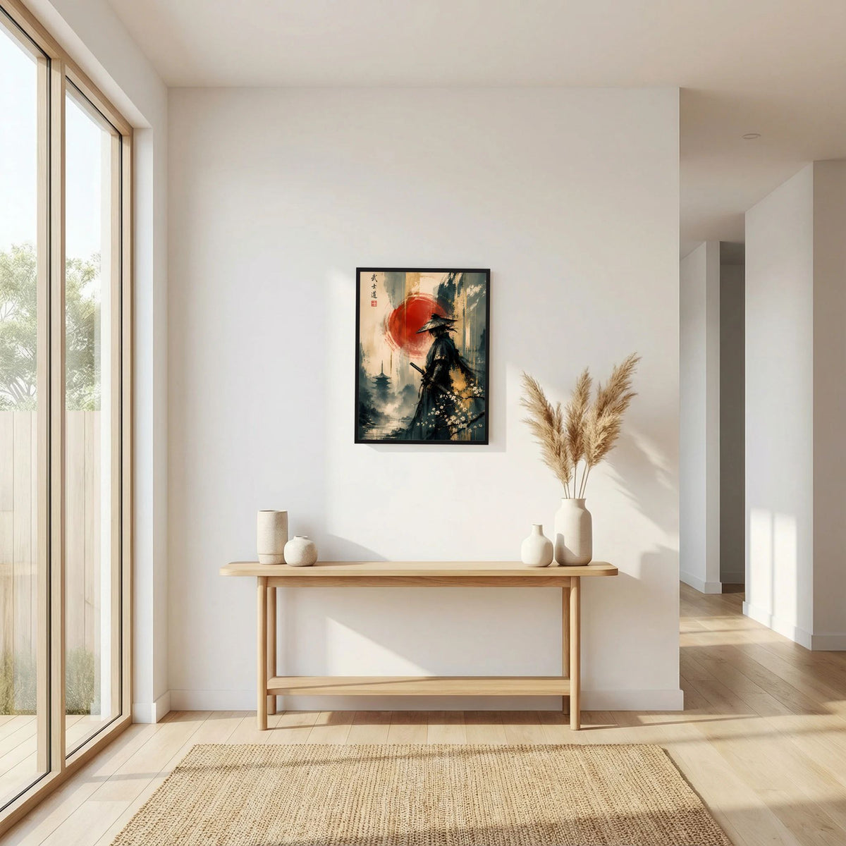 Gerahmtes Hochformat-Poster mit Samurai in dunkler Rüstung, roter Sonne und Pagode