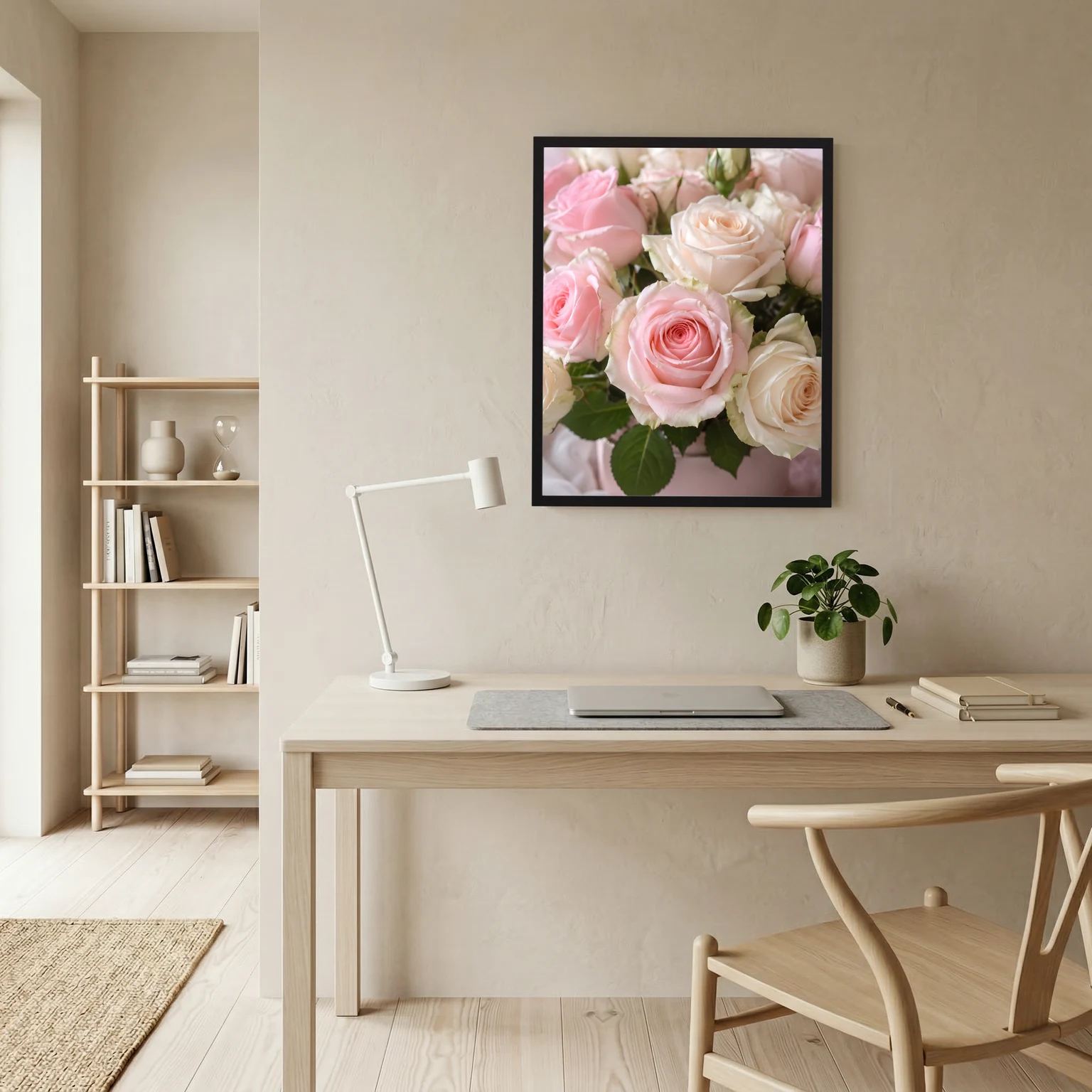 Rosenposter im schwarzen Rahmen mit pastell rosa und weißen Rosenstrauß