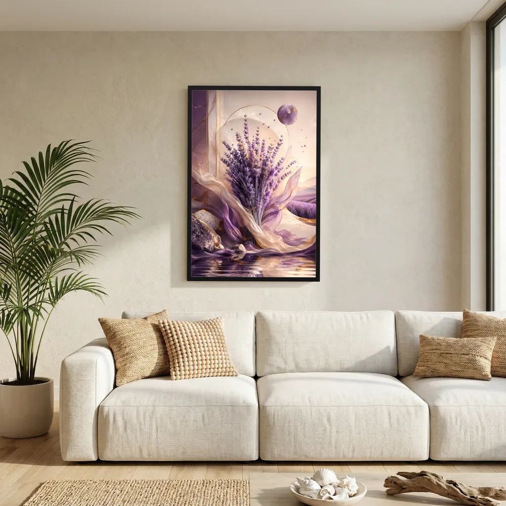 Hochformat-Poster: Lavendelblüten-Illustration mit violetten Farbtönen und goldenem Licht im schwarzen Rahmen