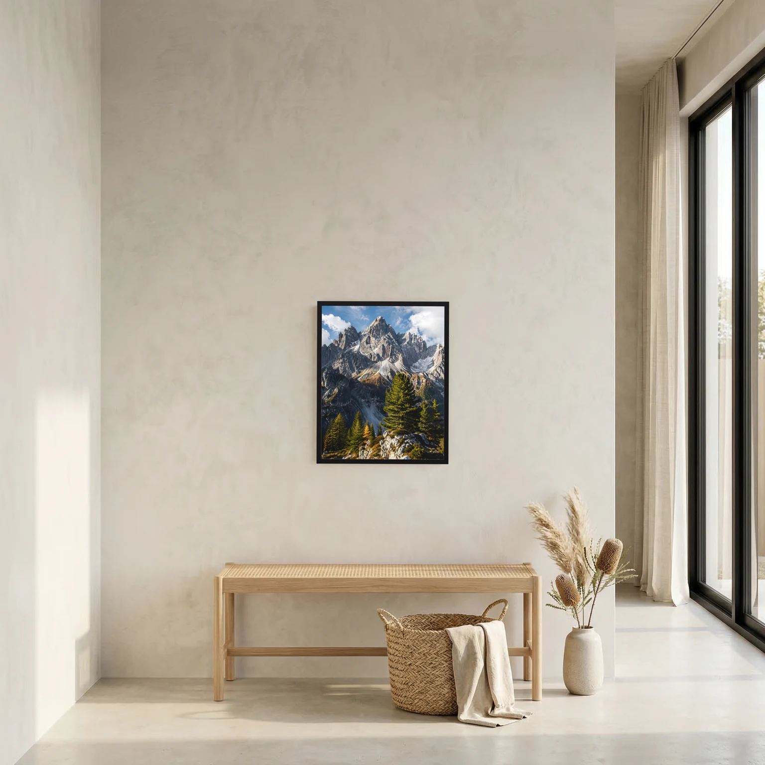 Kleines gerahmtes Poster mit Alpenbergspitzen und Tannenwald