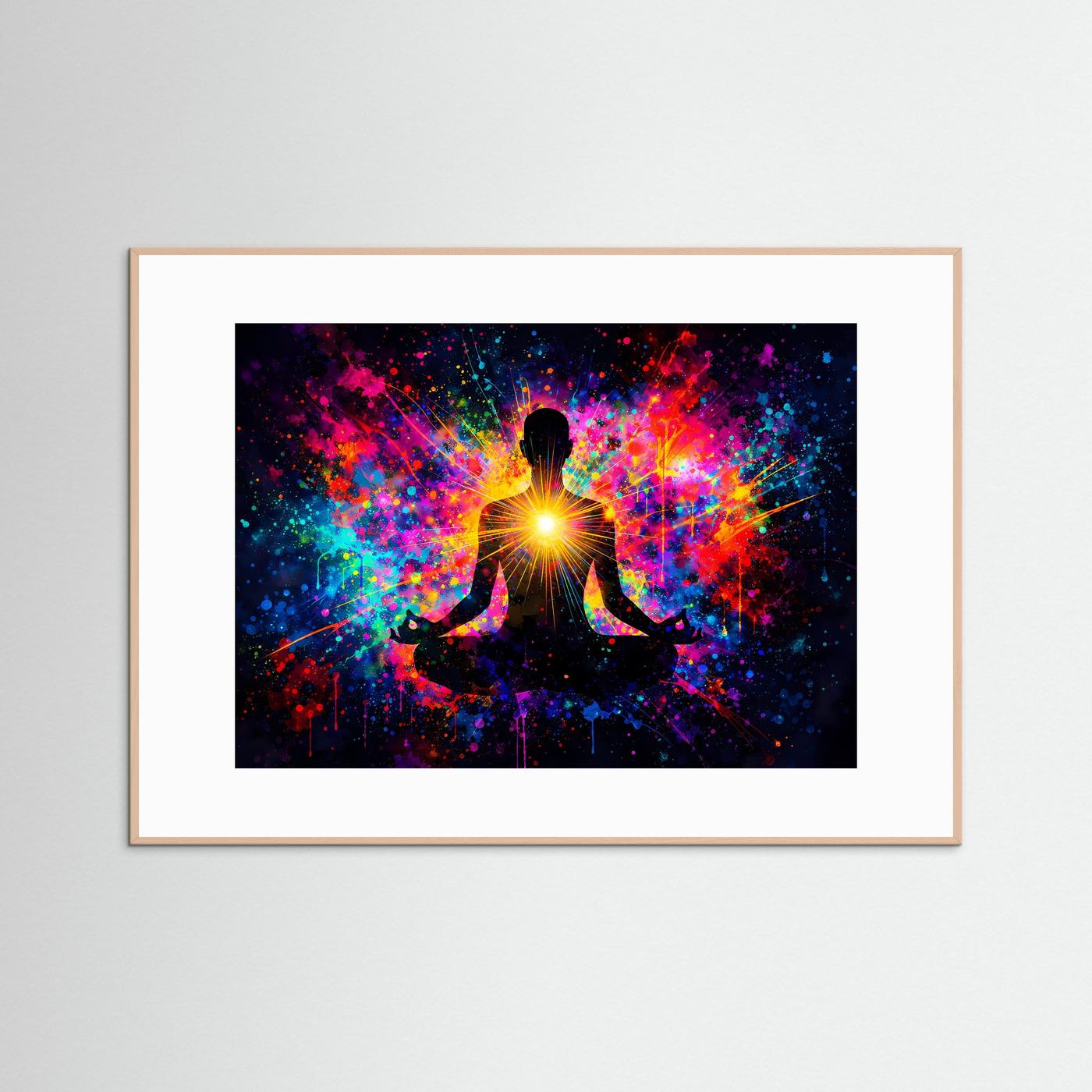 Meditationsposter mit Lotussitz und leuchtendem Herz-Chakra, hellbrauner Rahmen mit weißer Einfassung
