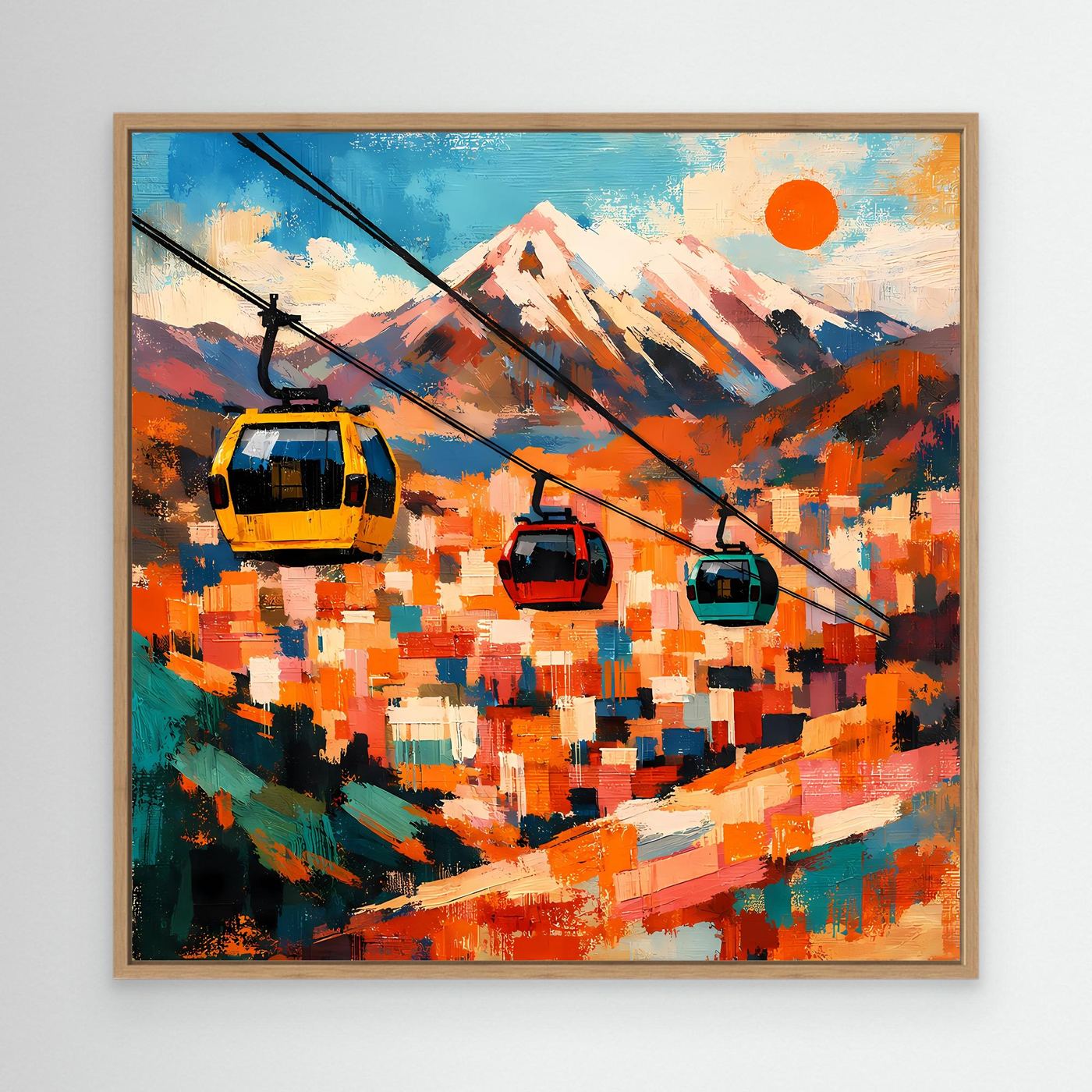 Abstraktes Leinwand-Wandbild mit Seilbahn-Gondeln im Bergpanorama, Holzrahmen, bunt