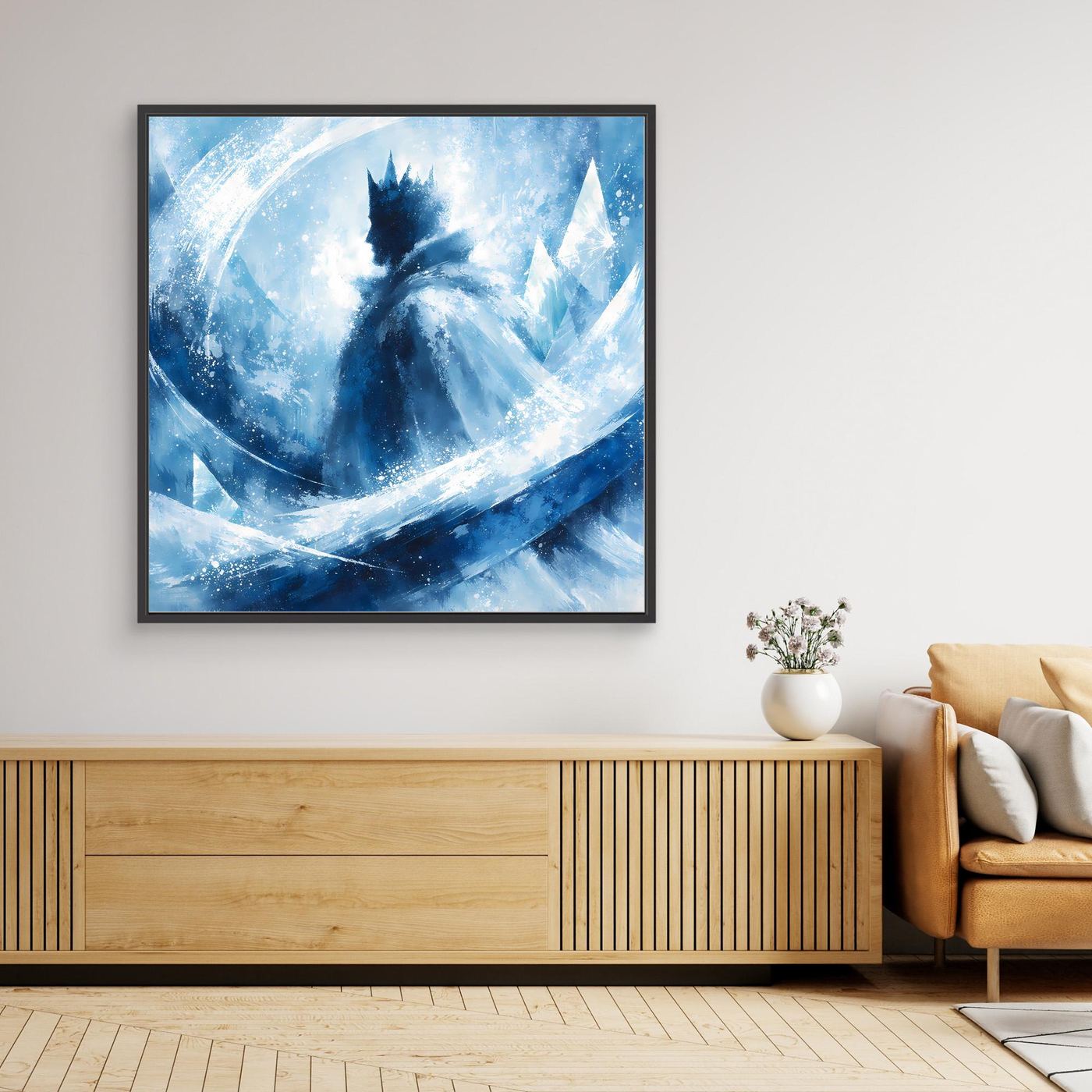 Leinwandbild mit abstraktem Wintermotiv in Blau, schwarz gerahmt