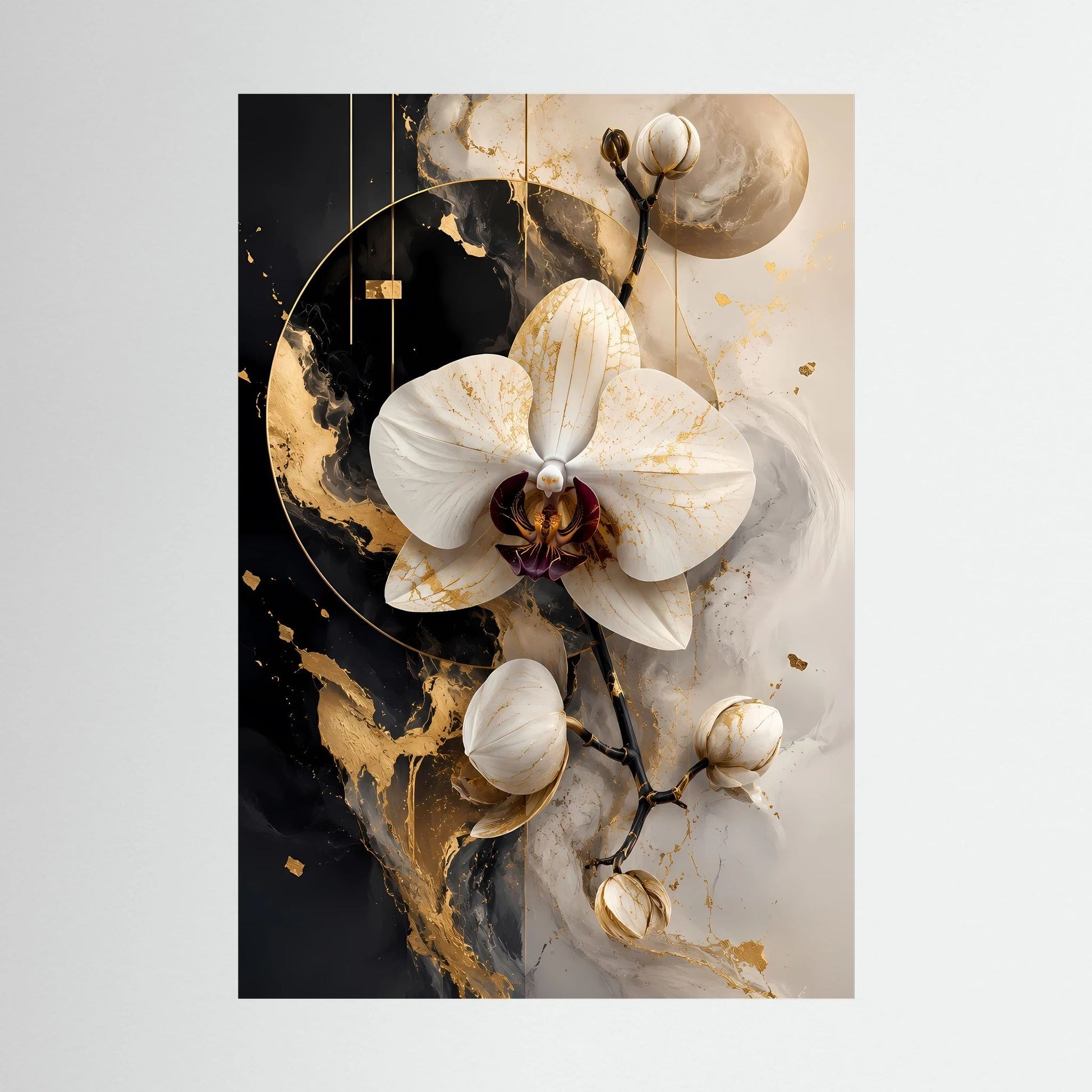 Hochformatiges Poster mit weißen Orchideen und goldenen Sprenkeln auf dunklem Hintergrund