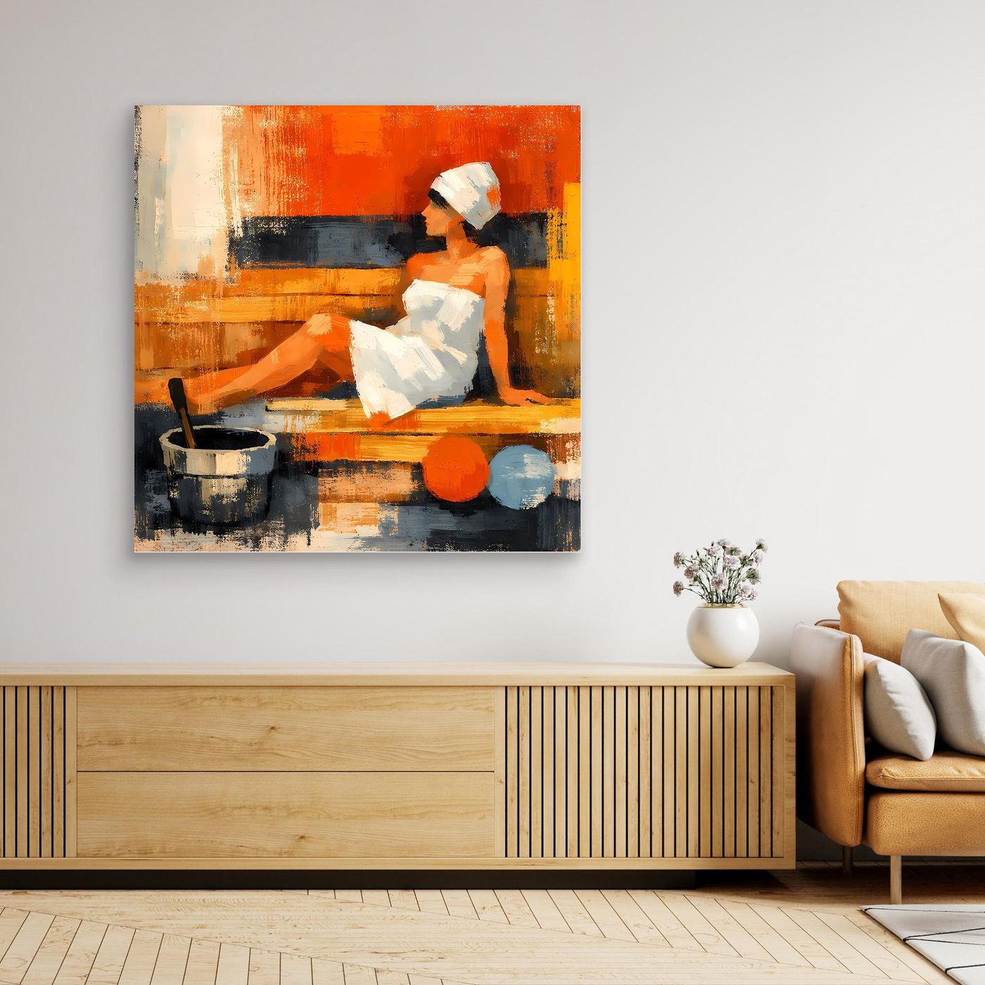 Unframed abstract sauna woman canvas wall art in orange and blue with seated figure.
