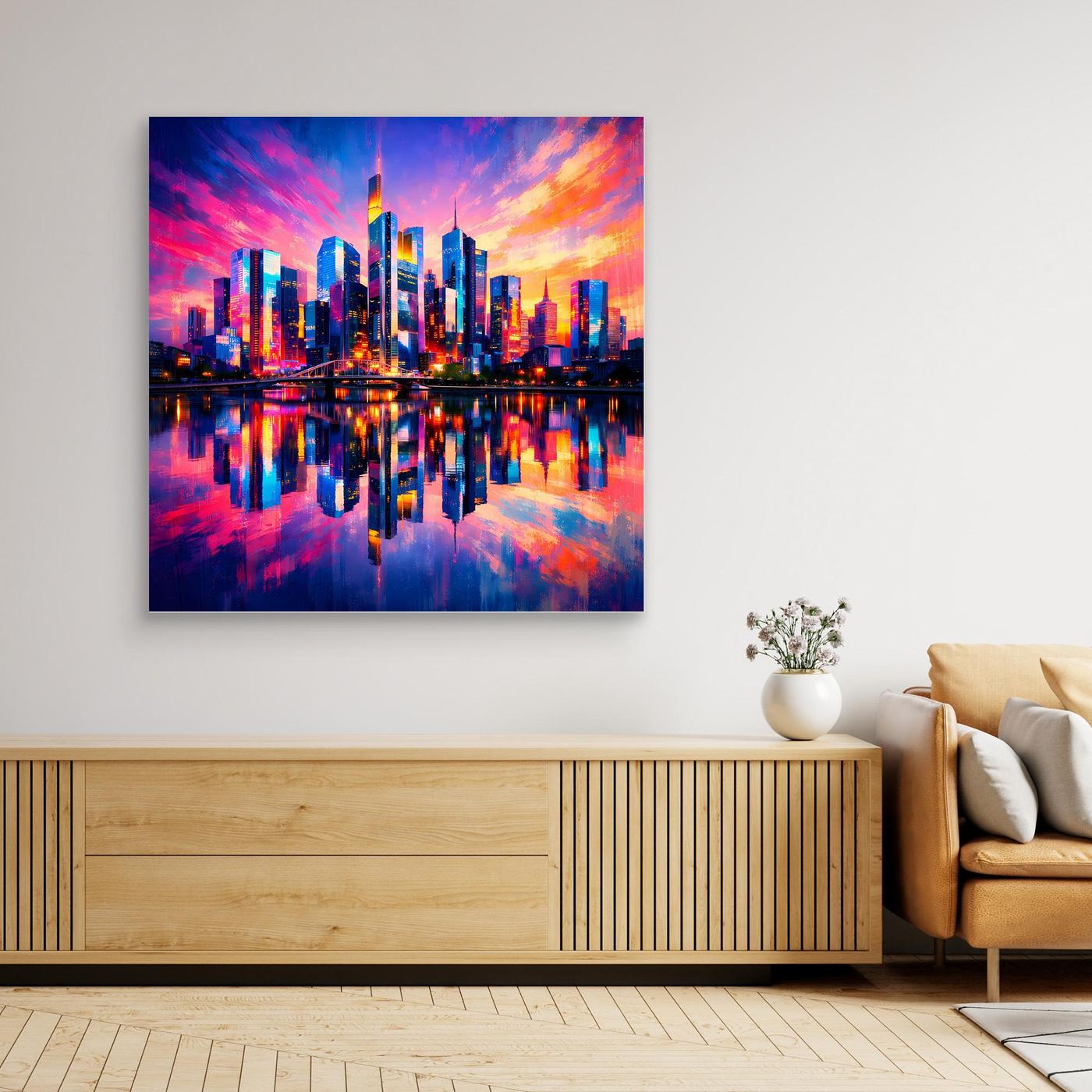 Leinwand Farbenfrohe Frankfurt Skyline bei Sonnenuntergang | Modernes Wandbild