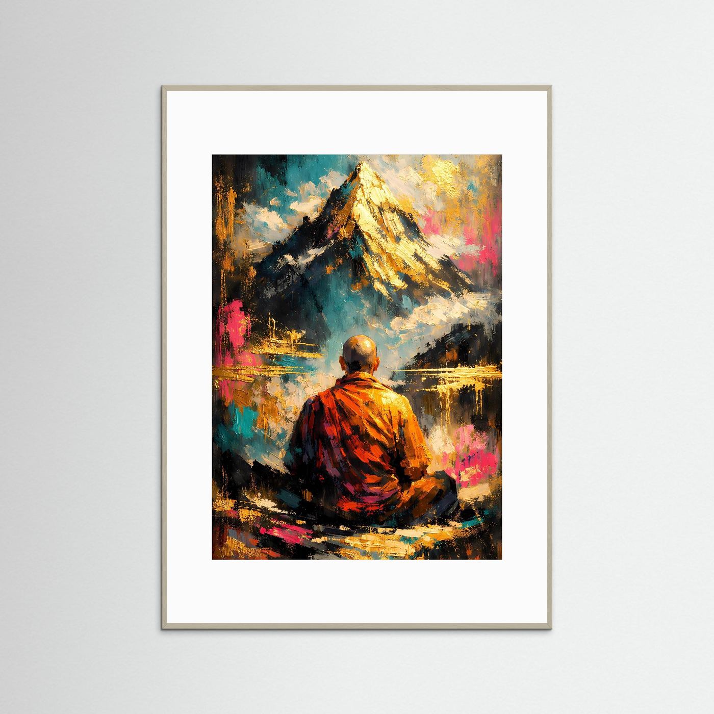 Kunstposter Hochformat mit meditierendem Mönch, bunte Pinselgrafik, hellgrauer Rahmen