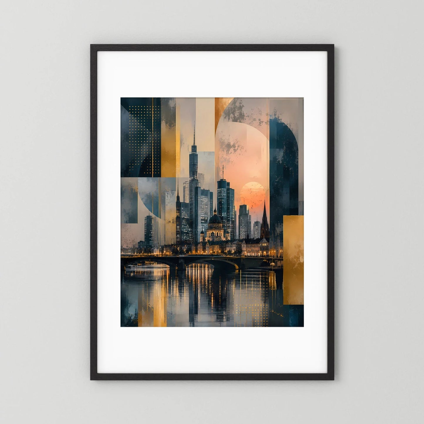 Poster (Hochformat) mit abstrakter Skyline am Fluss, Gold- und Petroltöne, schwarzer Rahmen