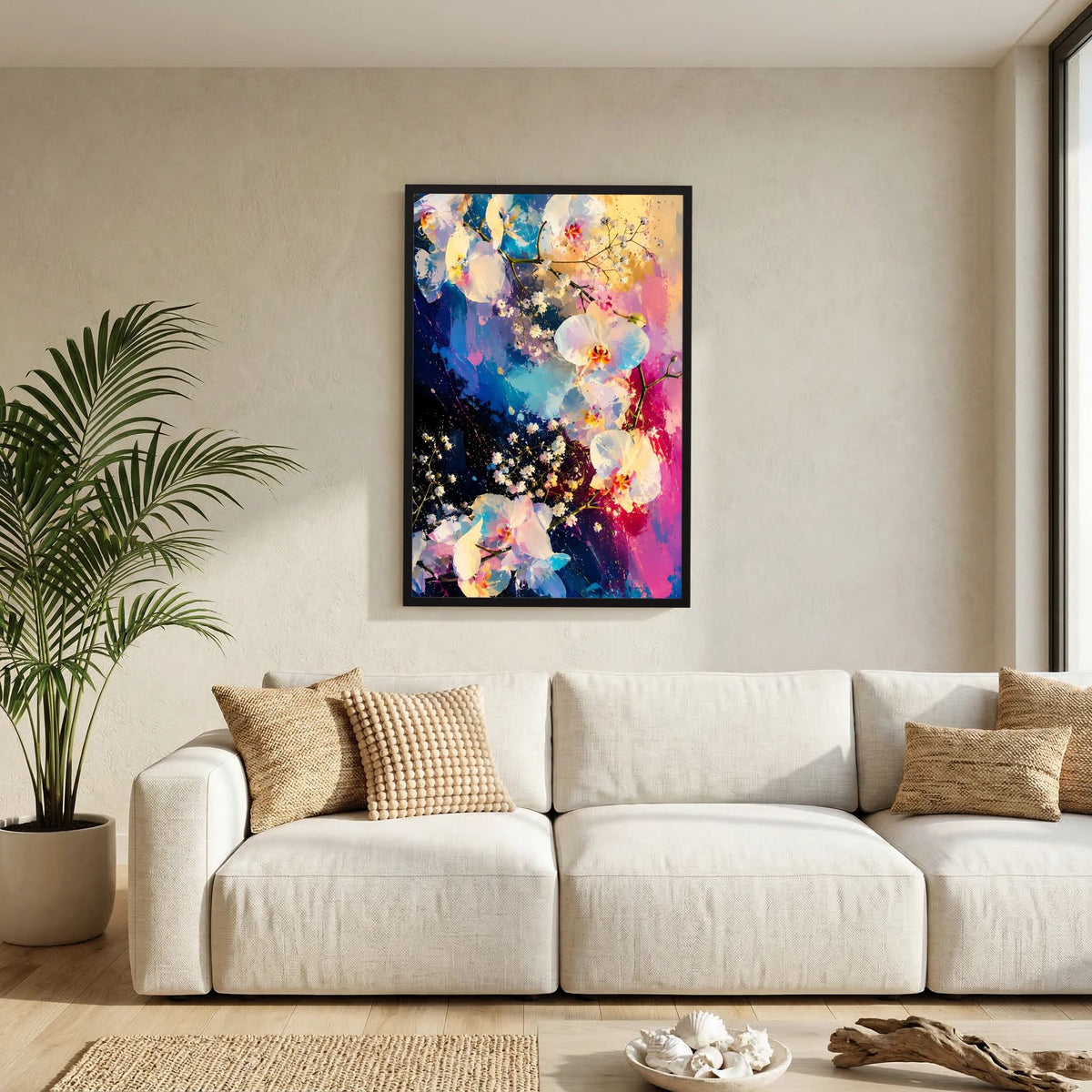 Poster im Hochformat: abstrakte Orchideen in Blau- und Pinktönen im schwarzen Rahmen