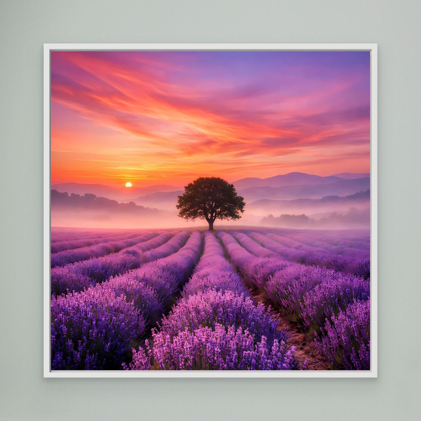 Lavendelfeld-Wandbild mit Sonnenuntergang, weißem Rahmen und zentralem Baum