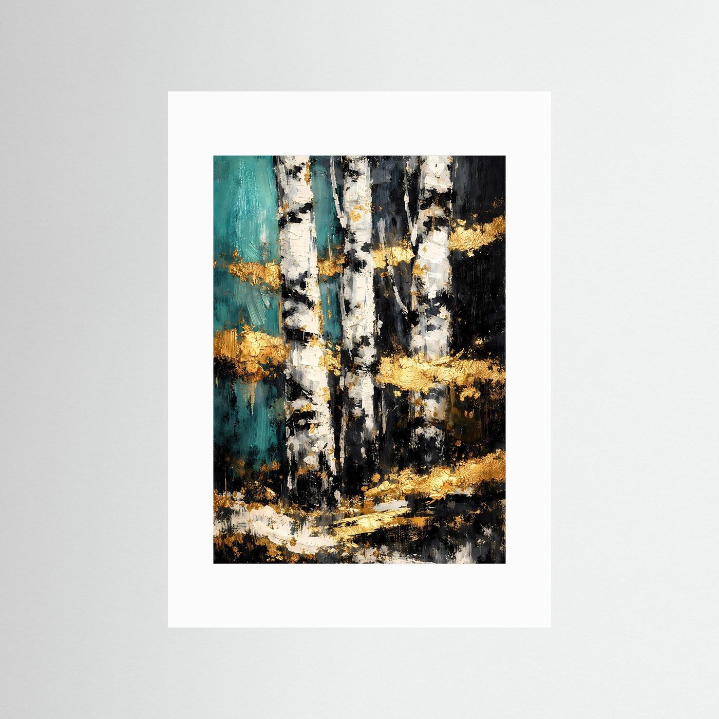 Abstraktes Naturposter mit Birkenstämmen im weißen Passepartout, türkis, schwarz, gold.