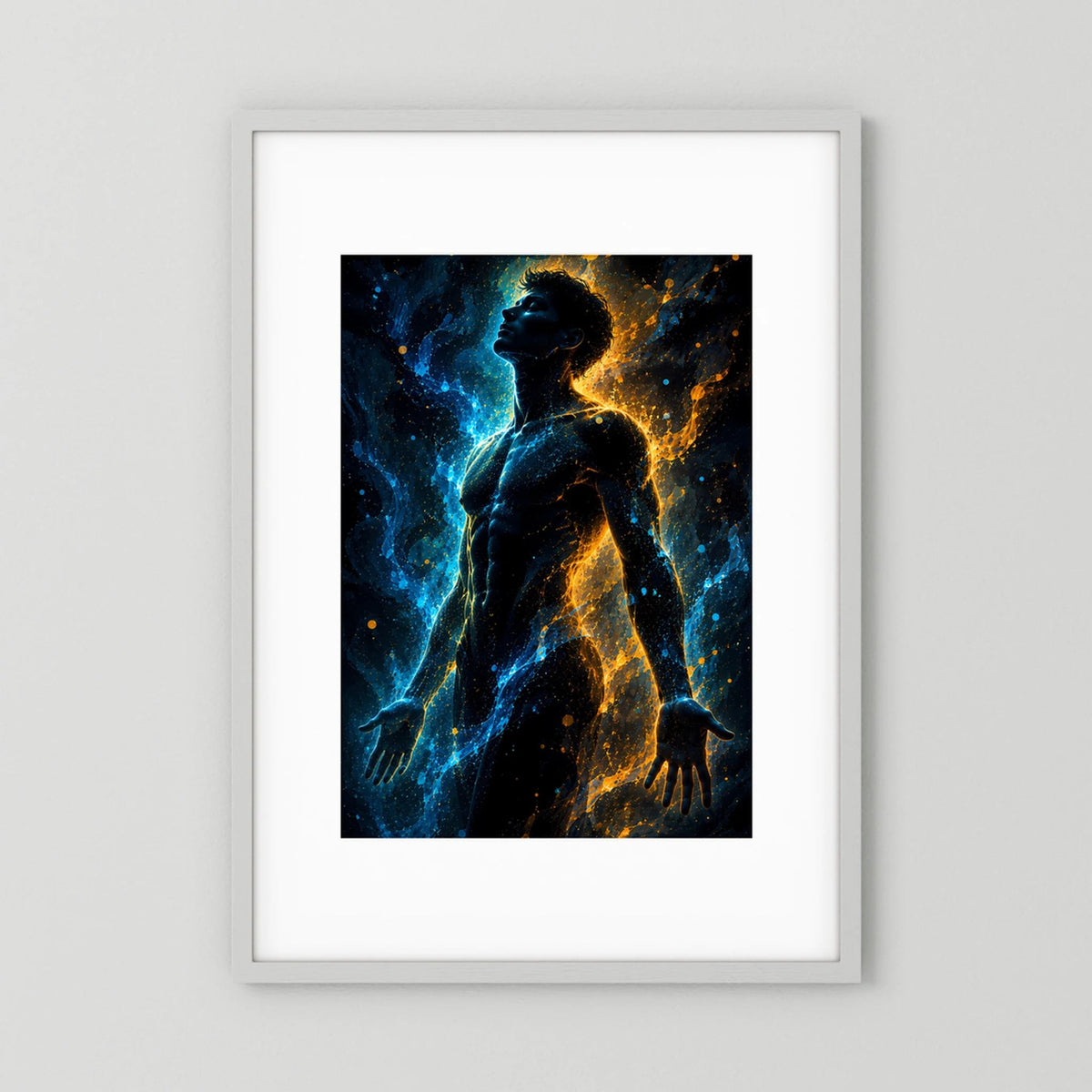 Gerahmtes Poster mit männlicher Silhouette, leuchtend in Blau und Gold, Hochformat.