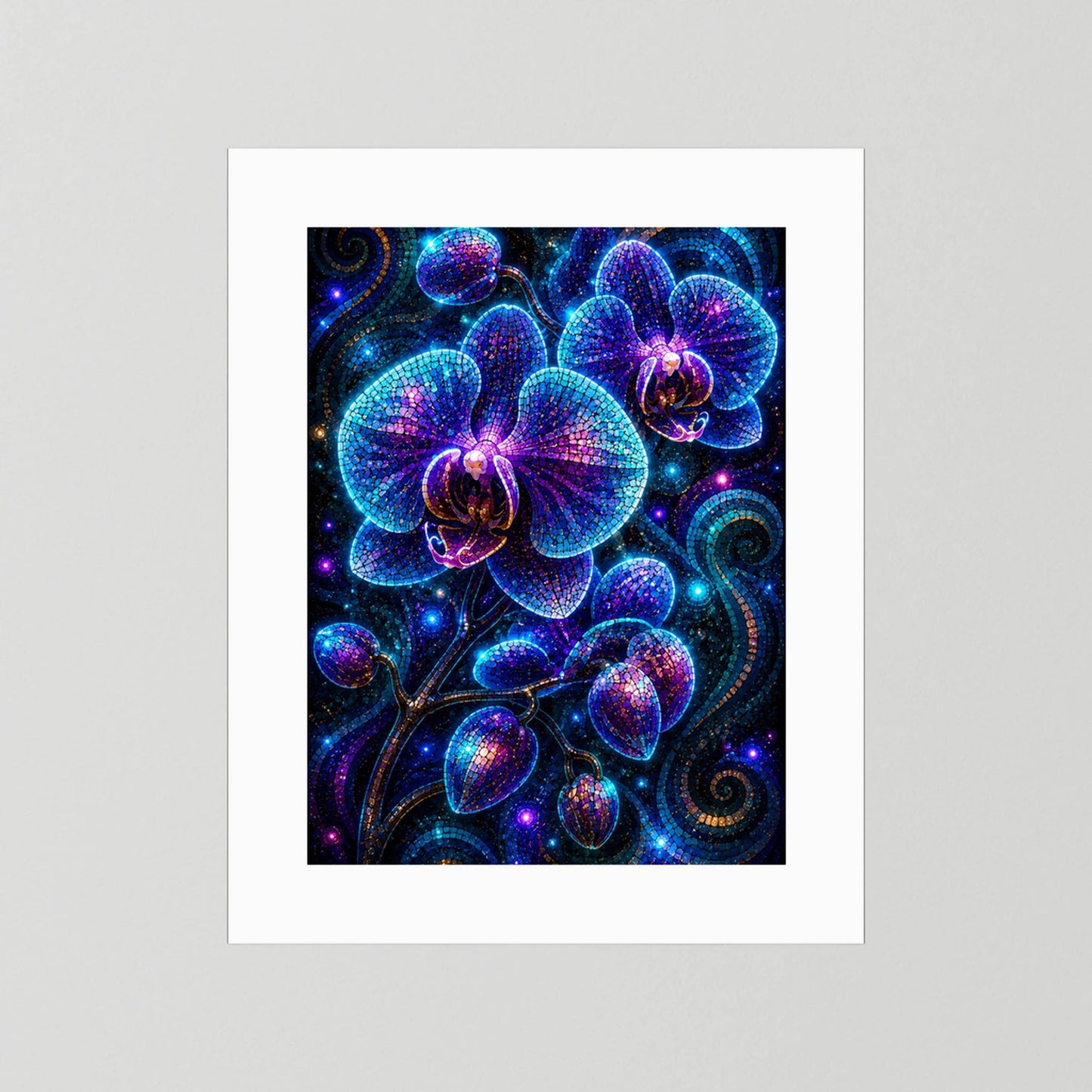 Poster mit leuchtenden blau-violetten Orchideen-Mosaiken, weißer Rand