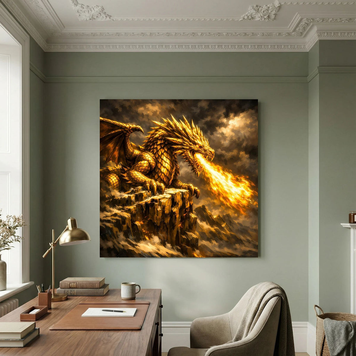 Leinwand-Fantasy-Wandbild mit goldenem Drachen auf Felsvorsprung, feuerspeiend