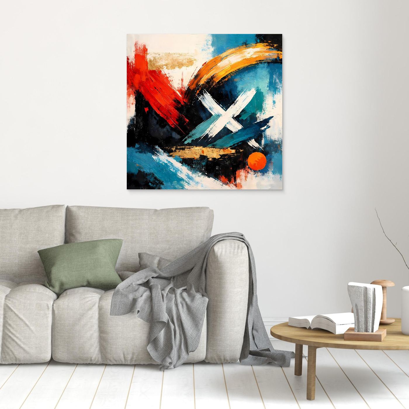 Abstraktes Leinwandbild im Hochformat mit blau-rotem Farbauftrag, goldener Bogenform und weißem X.