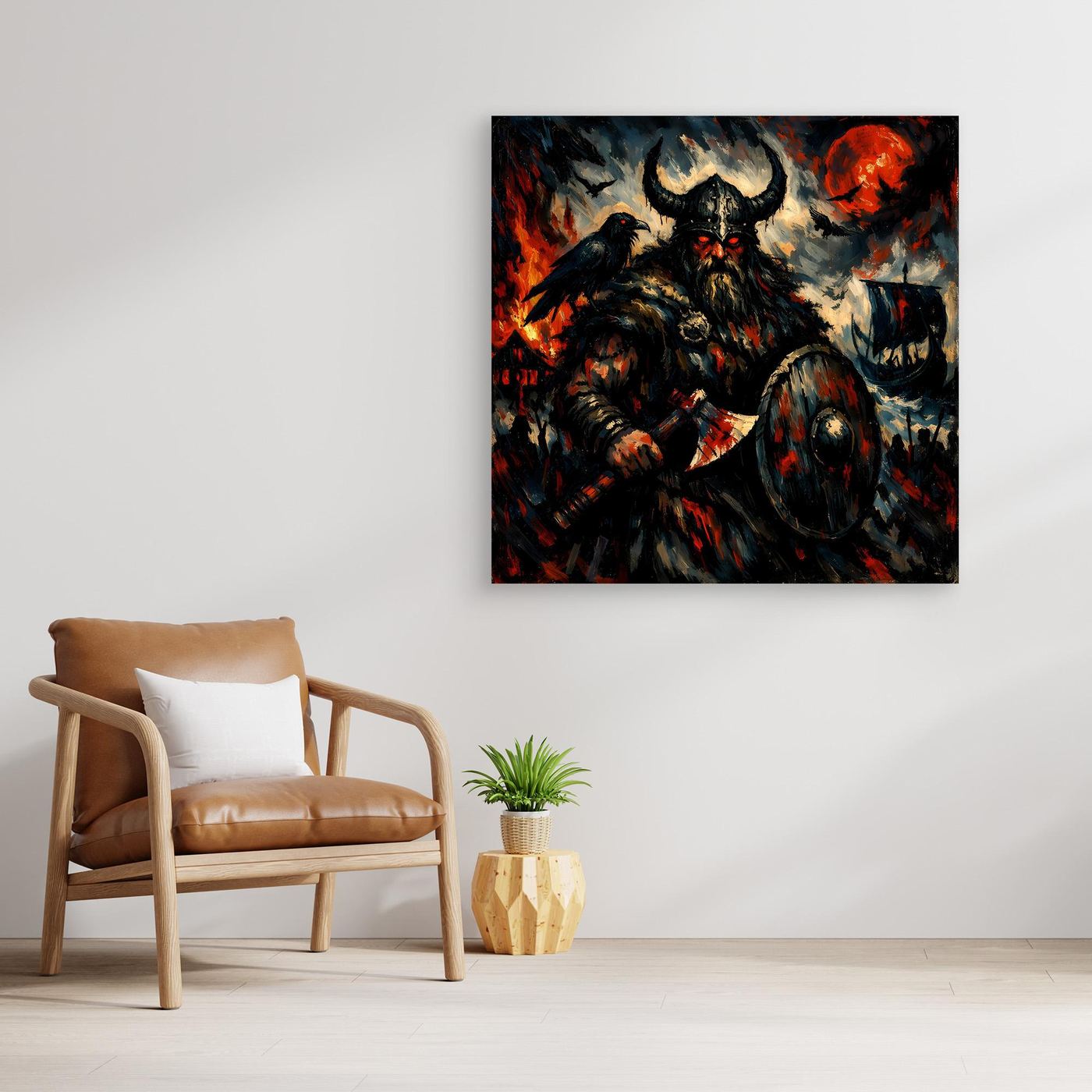 Leinwand Düsterer Wikinger-Krieger unter dem Blutmond | Expressives Nordmann Wandbild