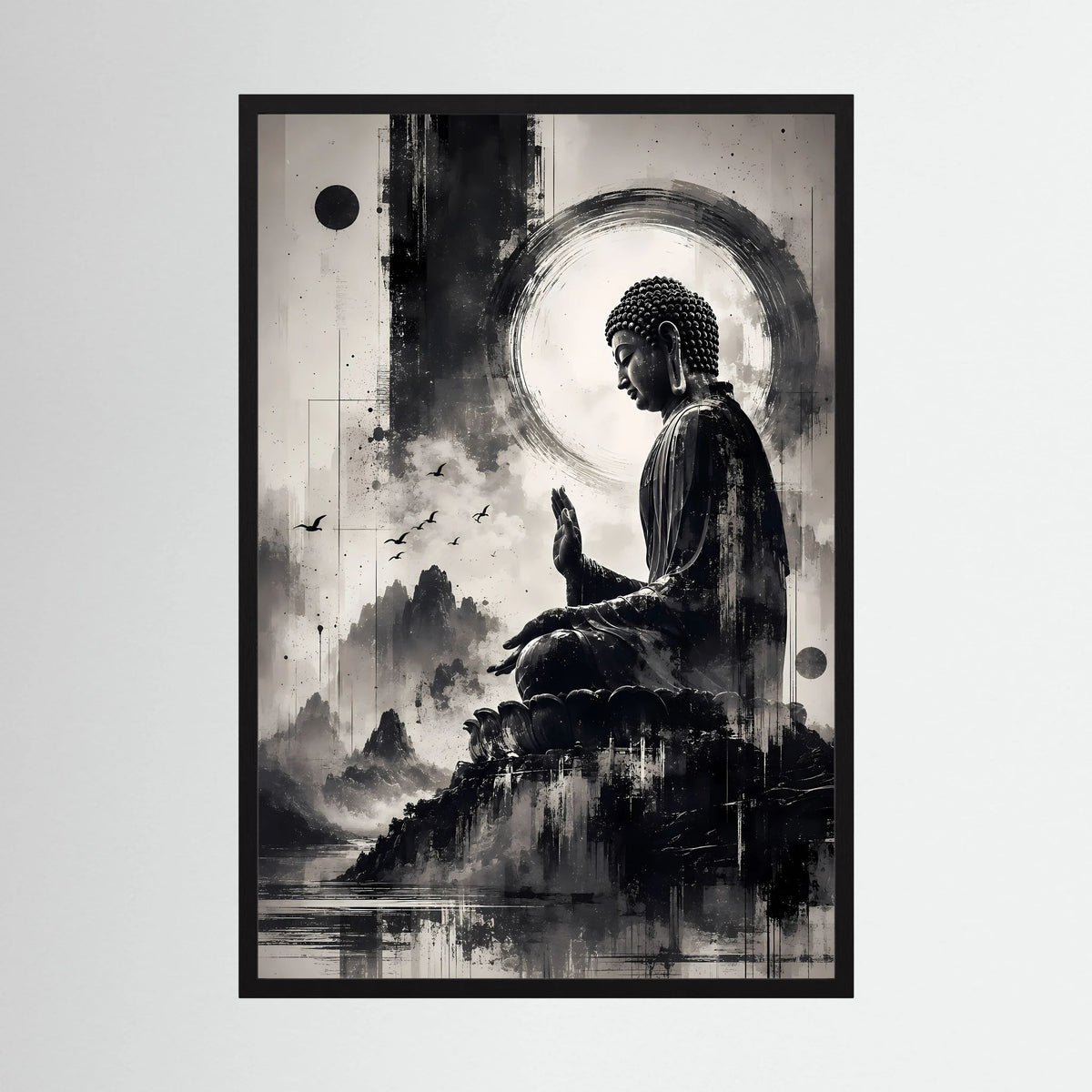 Poster mit Buddha-Motiv, Schwarzweiß, im schwarzen Rahmen