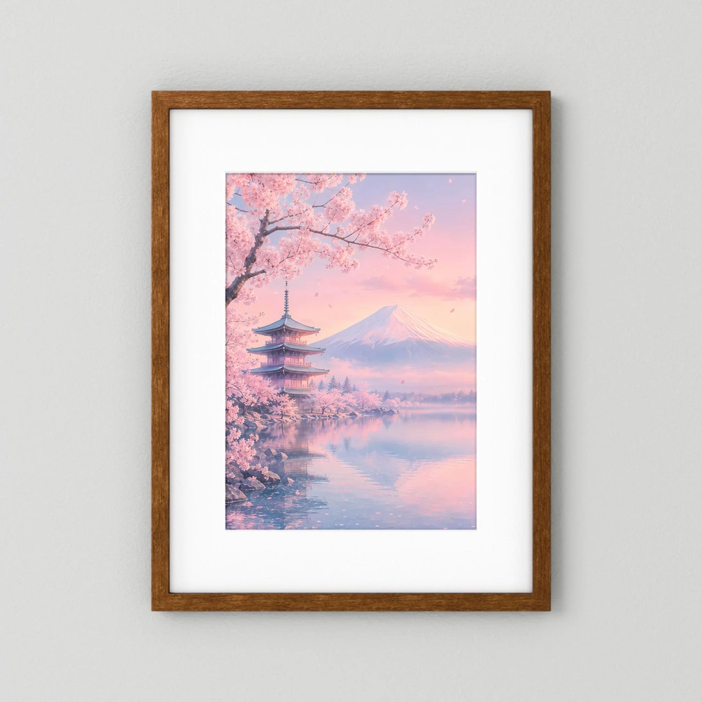 Braunes Holzrahmen-Poster im Hochformat mit Kirschblüten, Pagode, Berg und Spiegelung