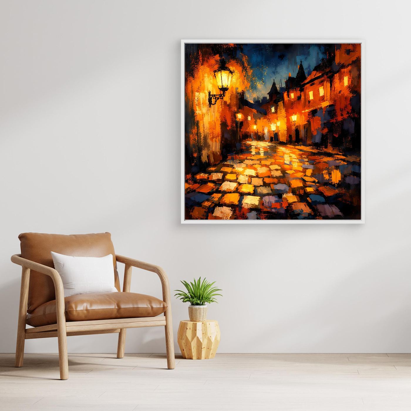Leinwand Abstraktes Altstadt Gemälde | Modernes Romantisches Gassen Wandbild bei Nacht