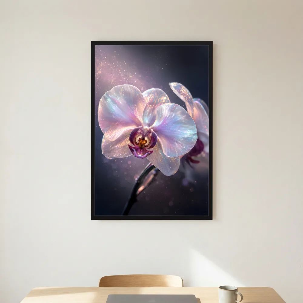 Orchideen-Poster im schwarzen Rahmen, große pastellfarbene Blüte auf Stängel